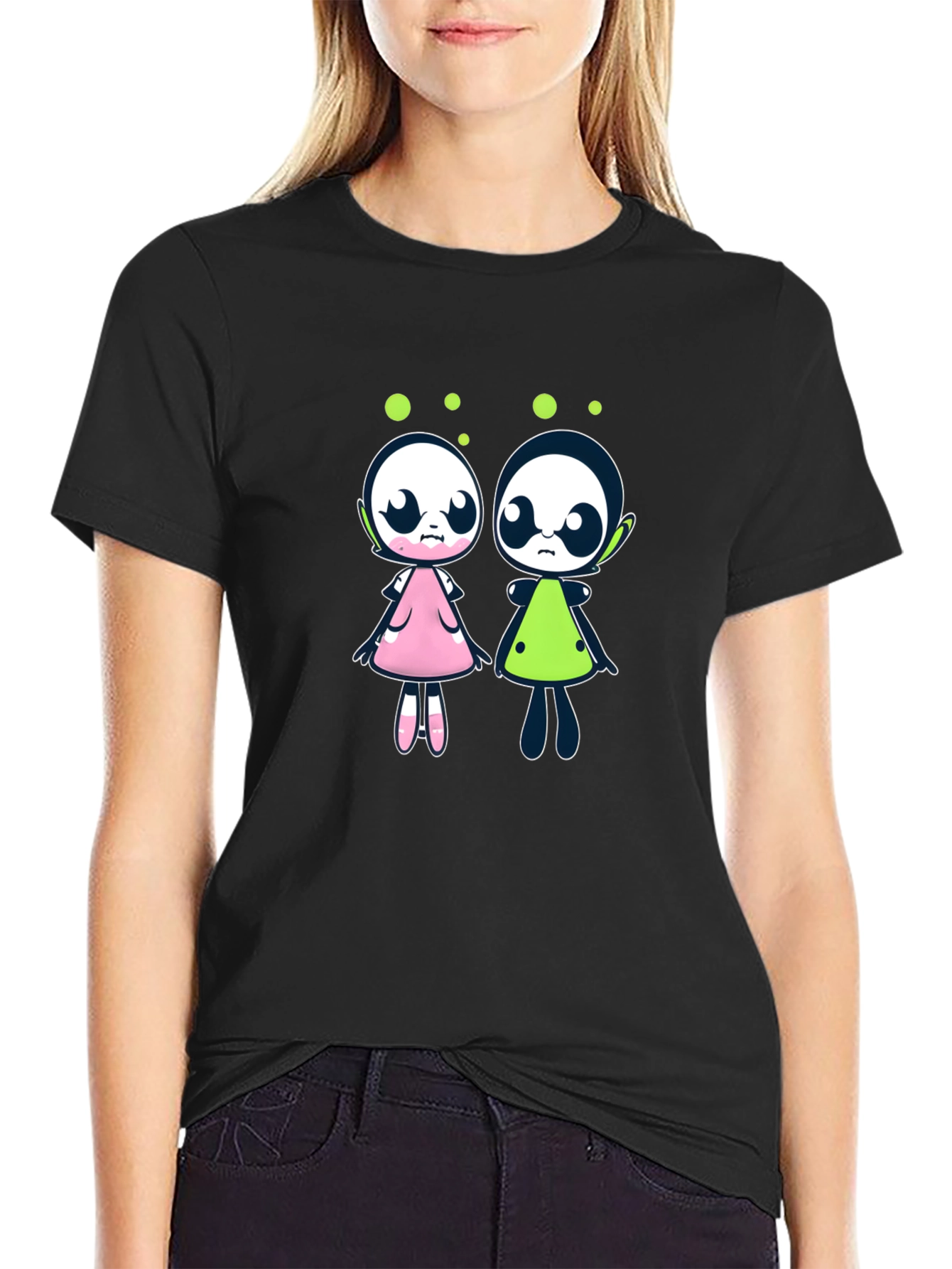 Black Cute Cartoon Alien Character Black T-Shirt view 2