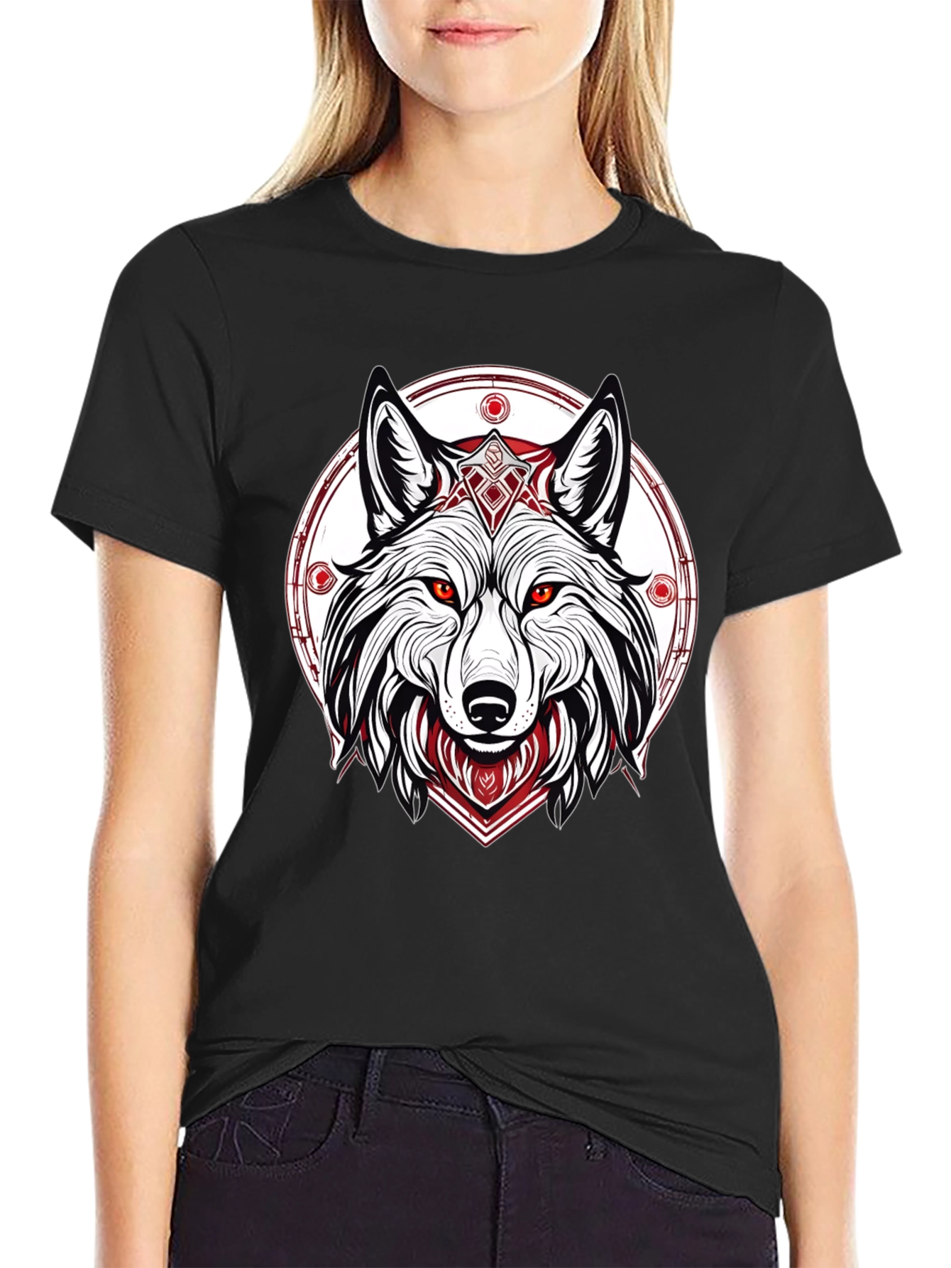 Black Men's Black T-Shirt with Wolf Graphic view 2