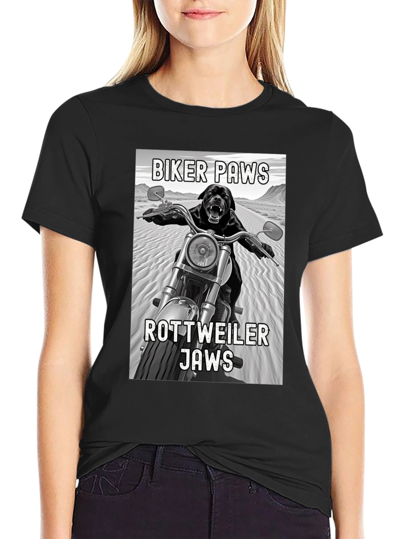 Black Biker Paws Rottweiler Jaws Graphic T-Shirt view 2