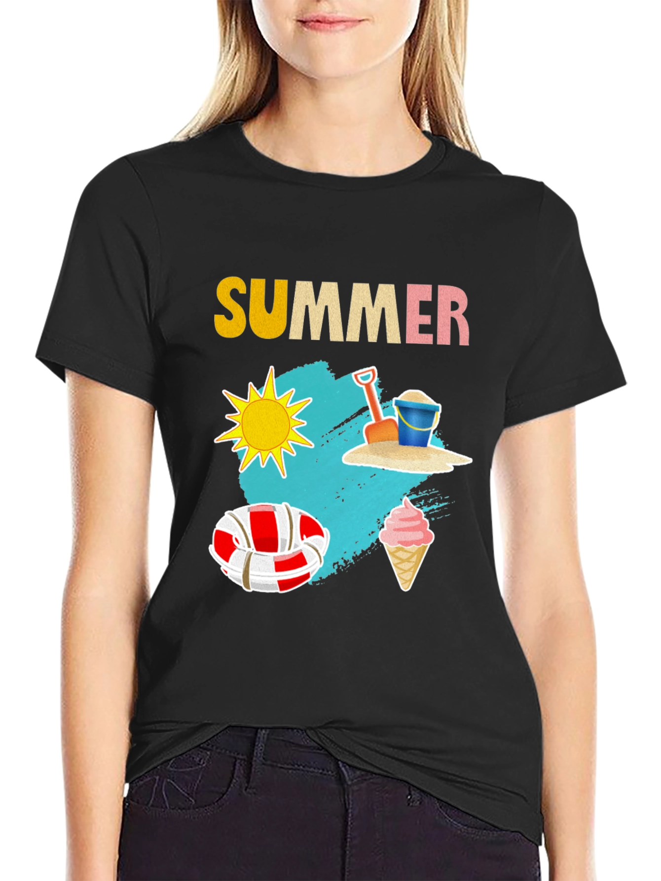 Black Summer T-Shirt with Beach Theme Graphic view 2