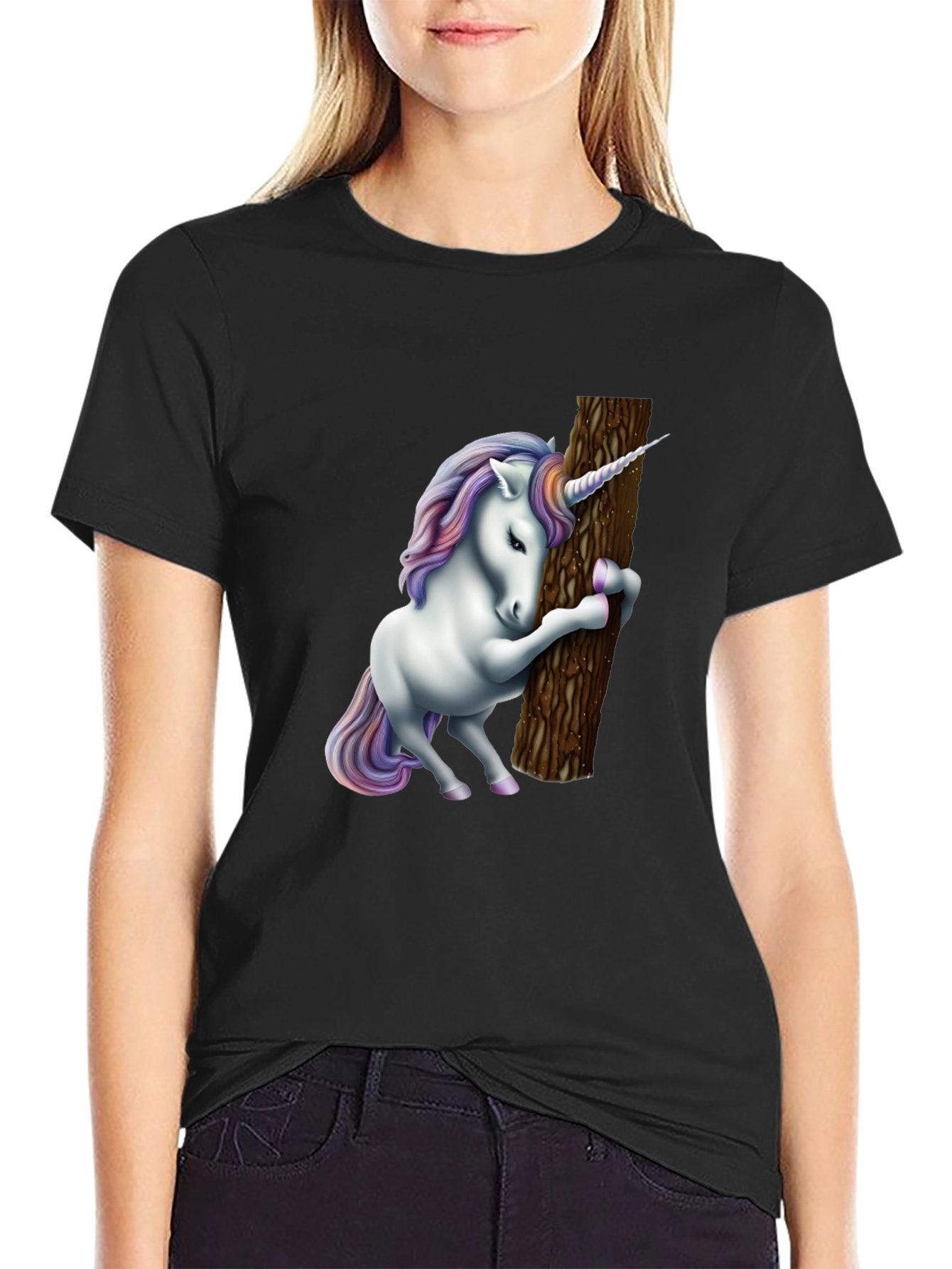 Black Unicorn Hugging Tree Graphic Tee - Black Cotton Blend view 2