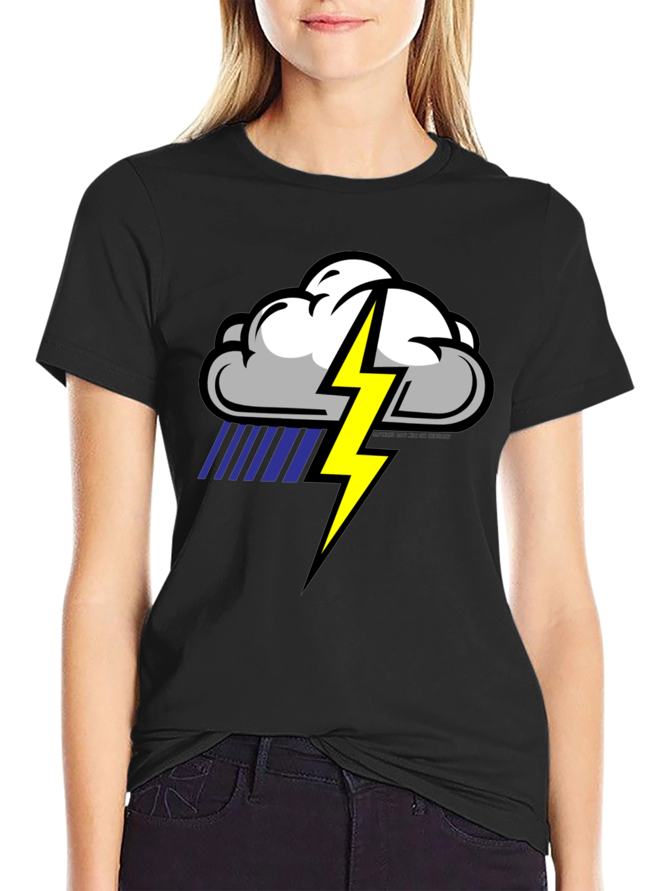 Black Storm Cloud Lightning Graphic Black T-Shirt view 2