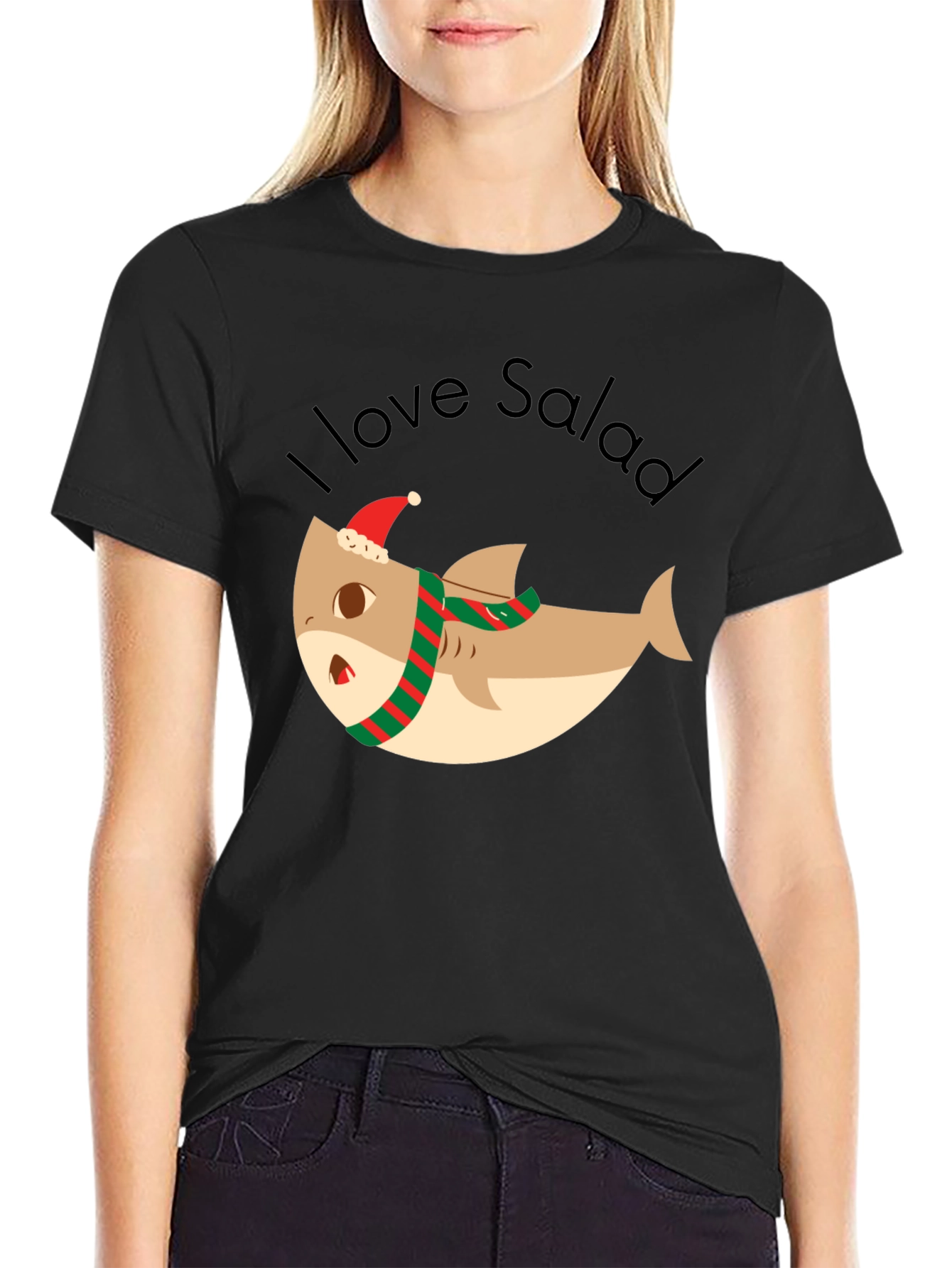 Black Funny Shark I Love Salad Christmas T-Shirt view 2