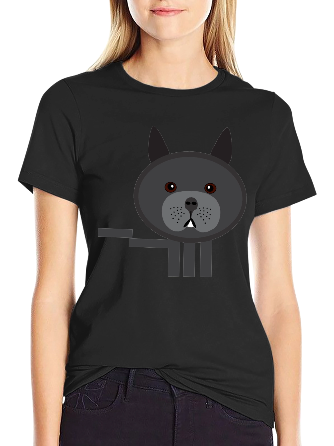 Black Graphic Tee: Cartoon Bulldog Design Black T-Shirt view 2
