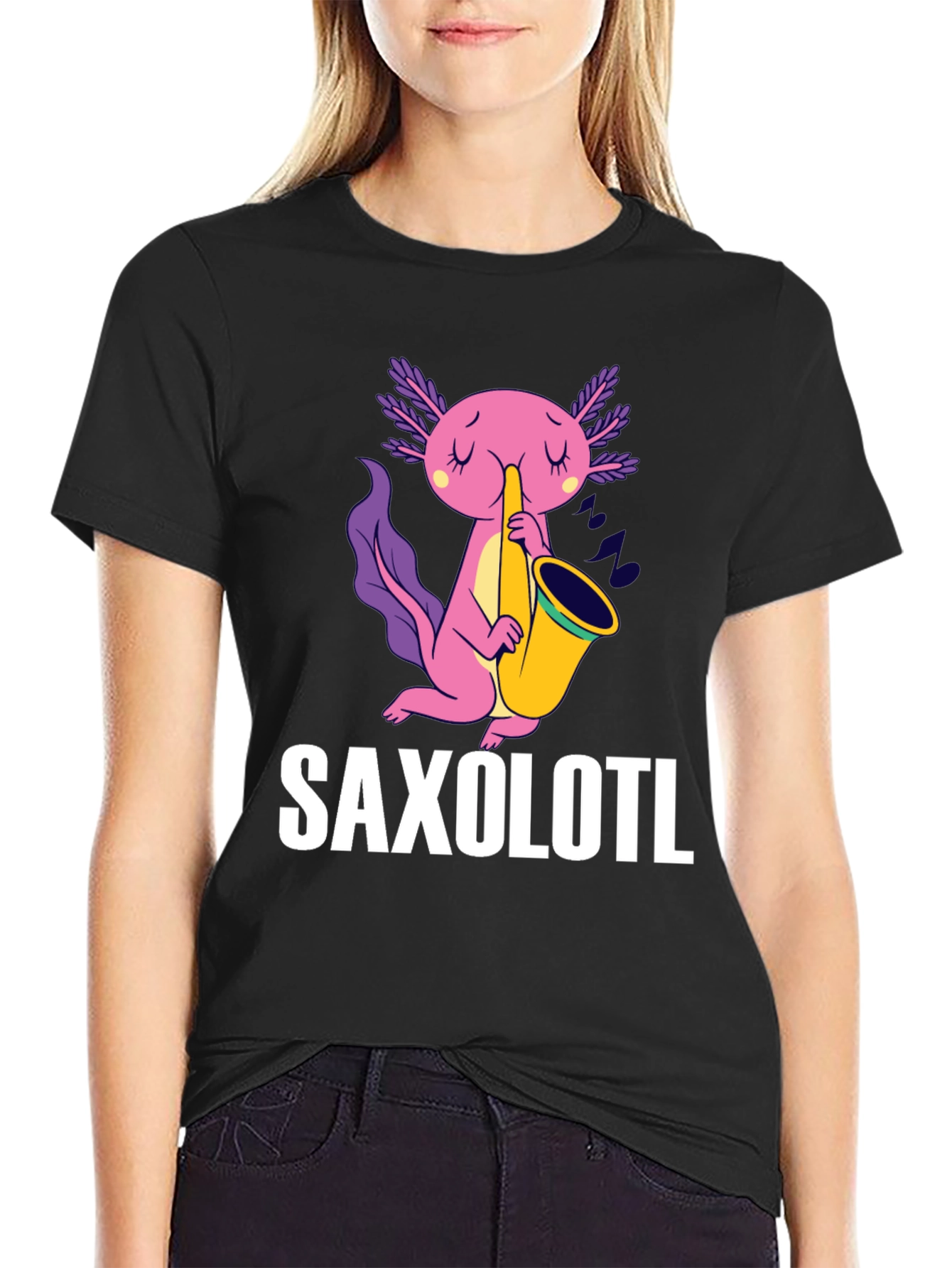 Black Saxolotl T-Shirt - Funny Axolotl Saxophone Tee view 2