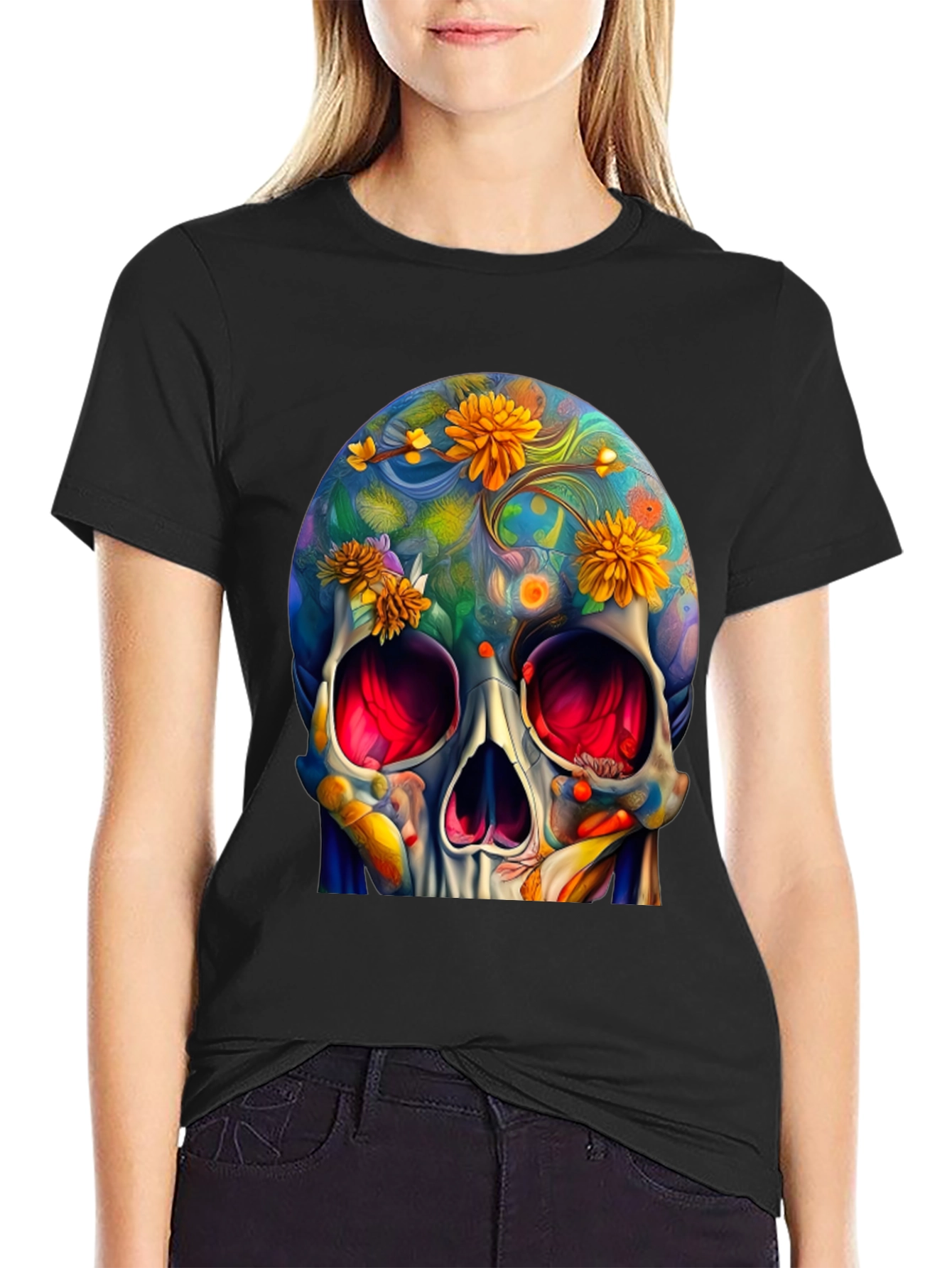 Black Floral Skull Graphic Tee - Unique Art Design view 2