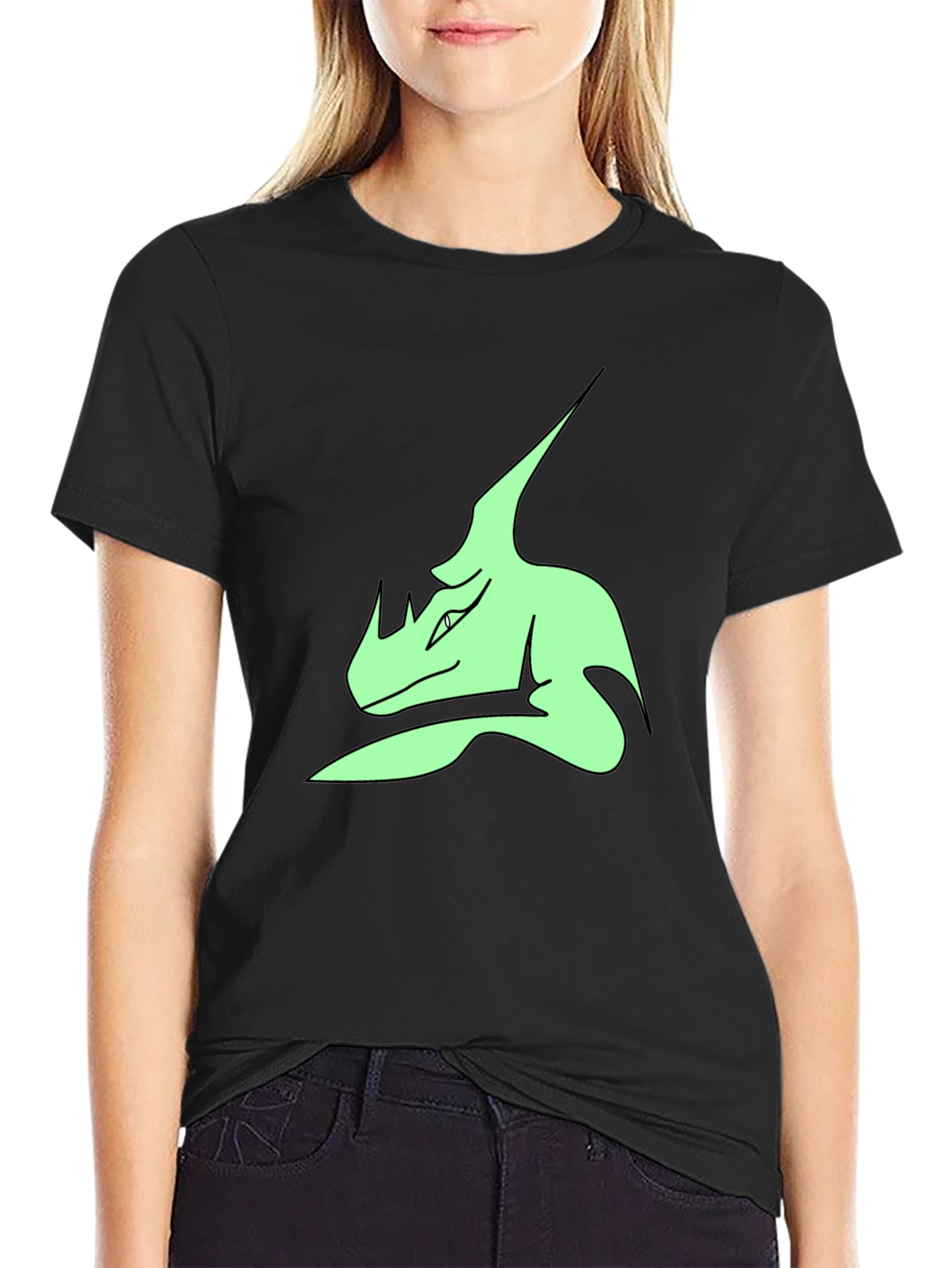 Black Stylish Black T-Shirt with Green Dinosaur Graphic Print view 2