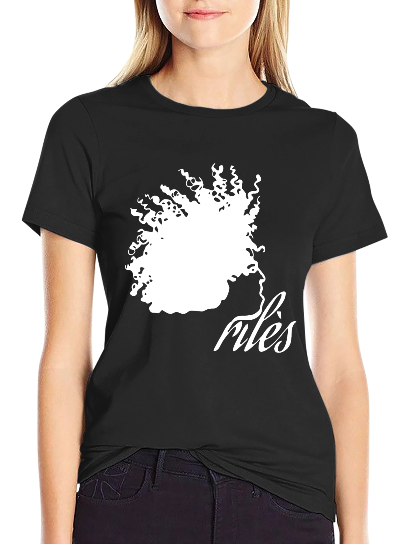 Black Stylish Black T-Shirt with Artistic Hair Silhouette Design view 2