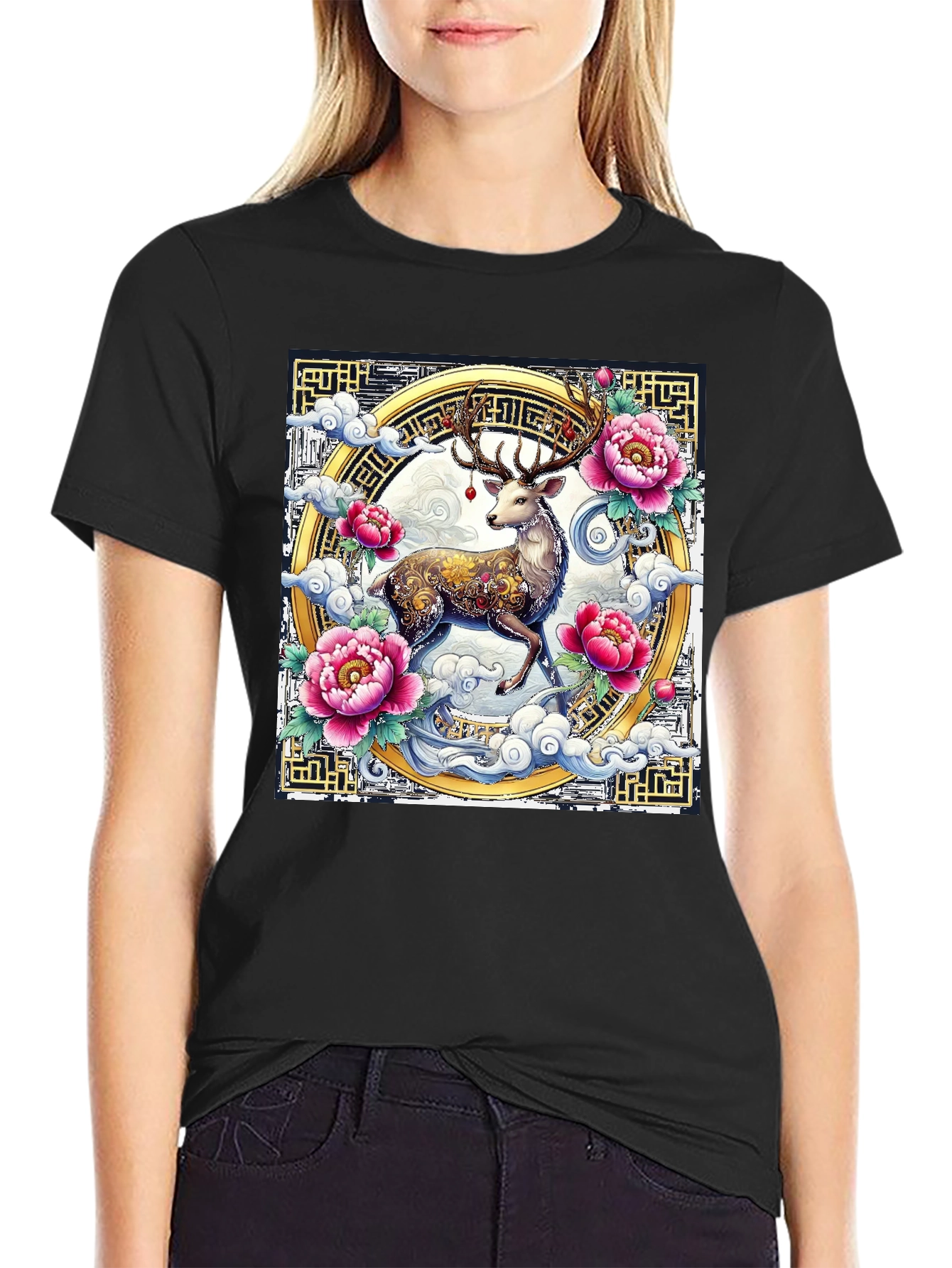 Black Deer Floral Graphic T-Shirt view 2