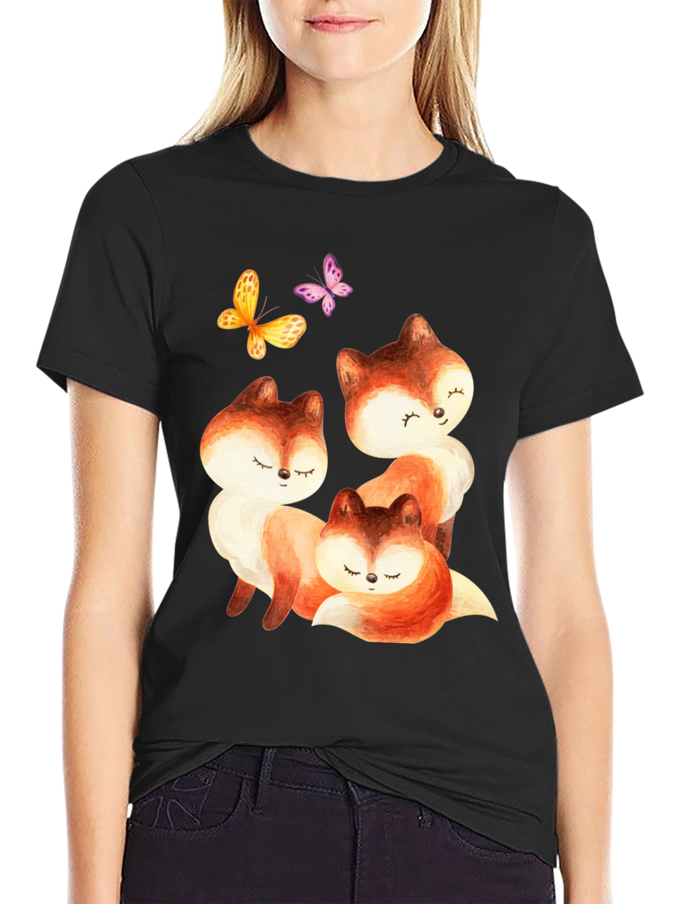 Black Cute Fox & Butterfly Graphic Tee view 2