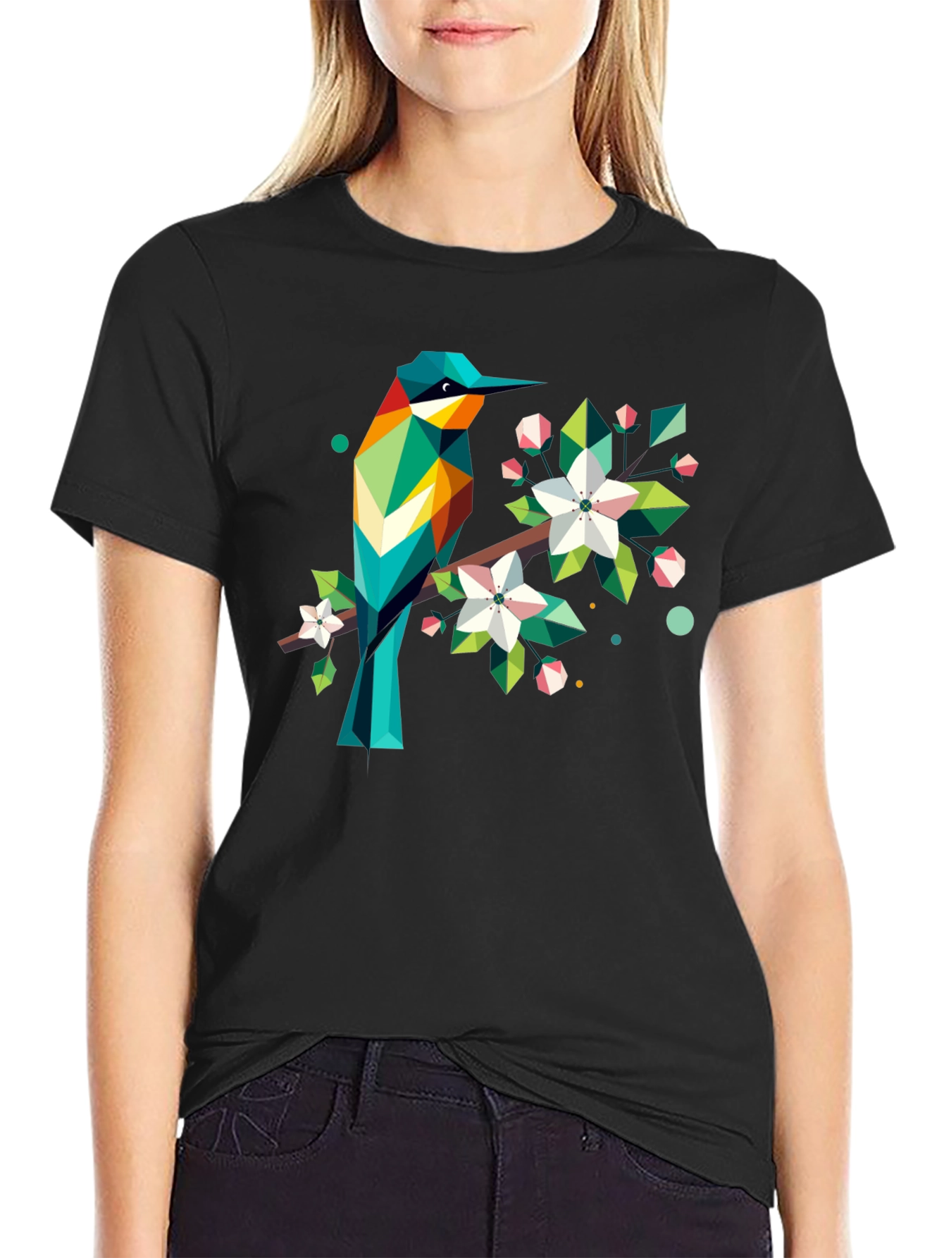 Black Geometric Bird Print Black T-Shirt view 2