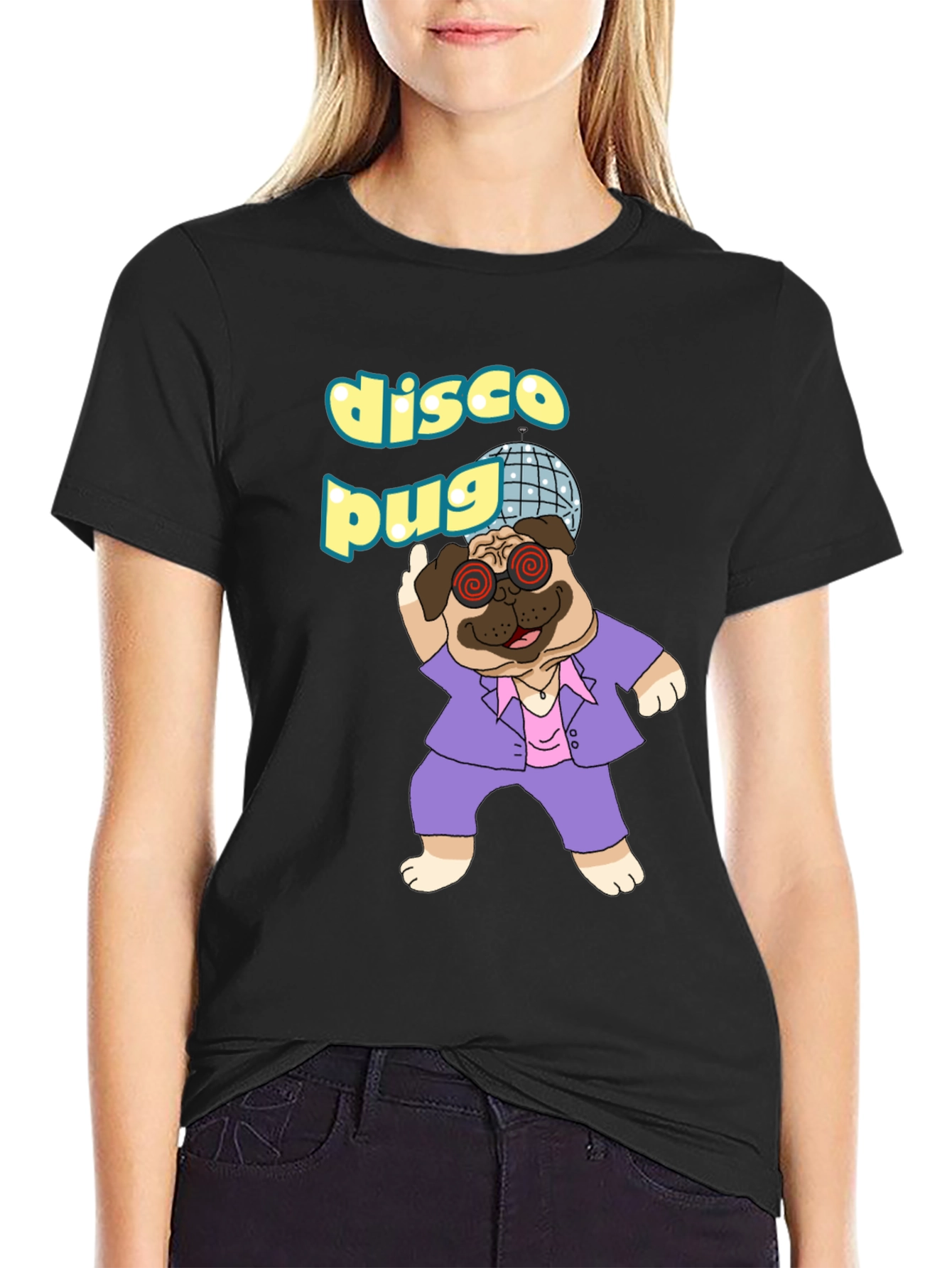 Black Disco Pug Graphic T-Shirt - Groovy Style view 2