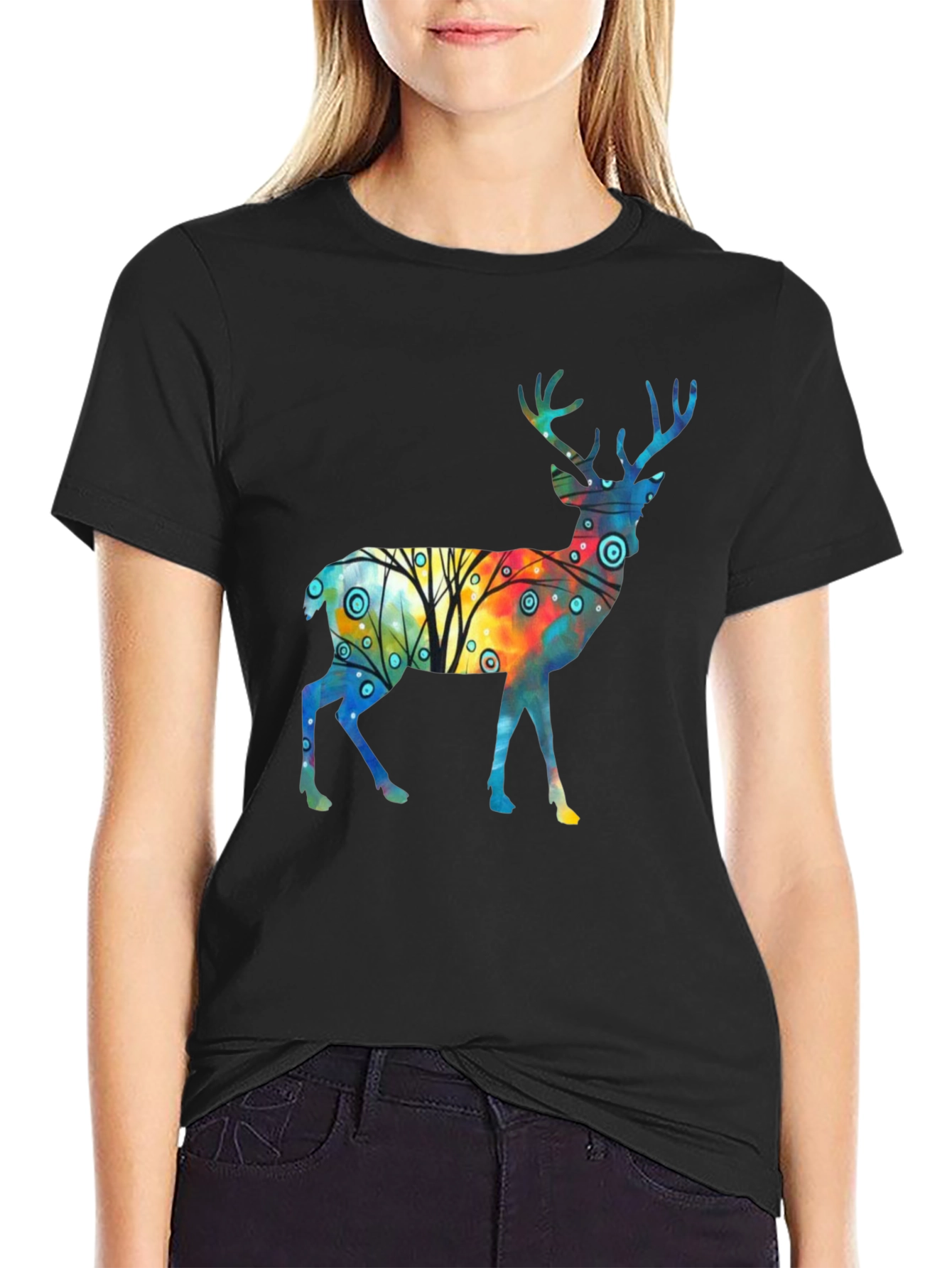 Black Watercolor Deer Graphic Tee - Stylish Black T-Shirt view 2