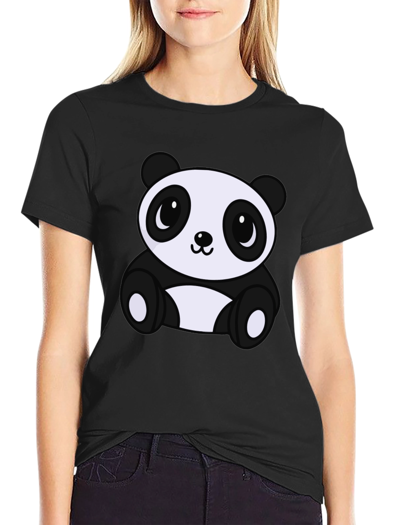 Black Cute Panda Bear Graphic Tee - Soft Black T-Shirt view 2