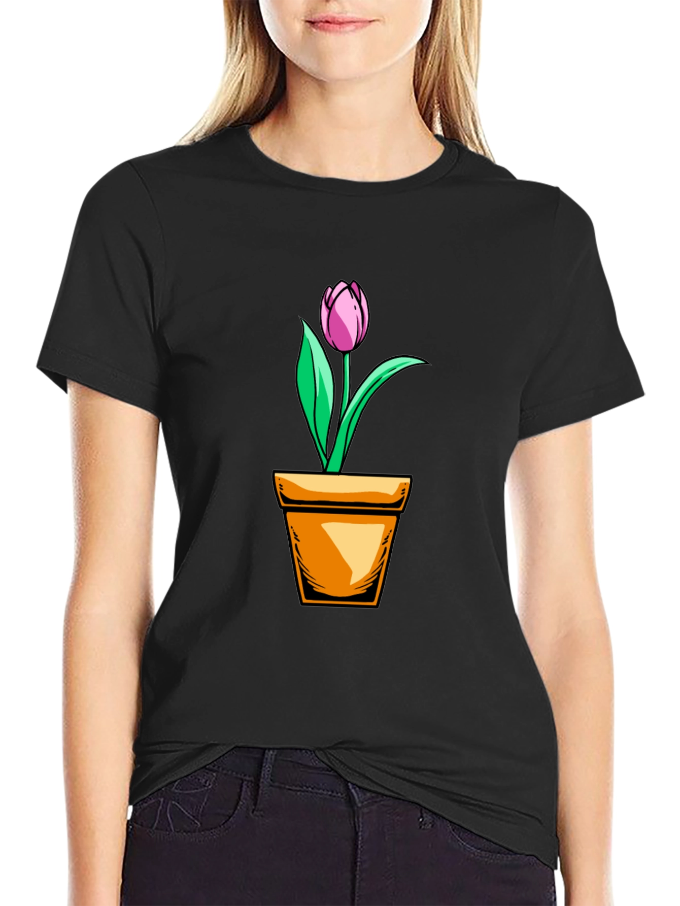 Black Tulip in Pot Graphic T-Shirt - Black view 2