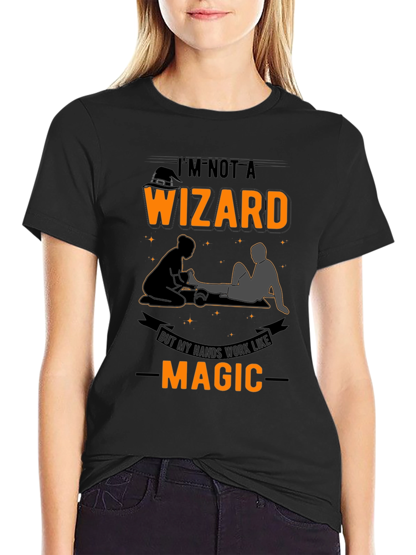 Black Funny Massage Therapist T-Shirt: "I'm Not A Wizard" view 2