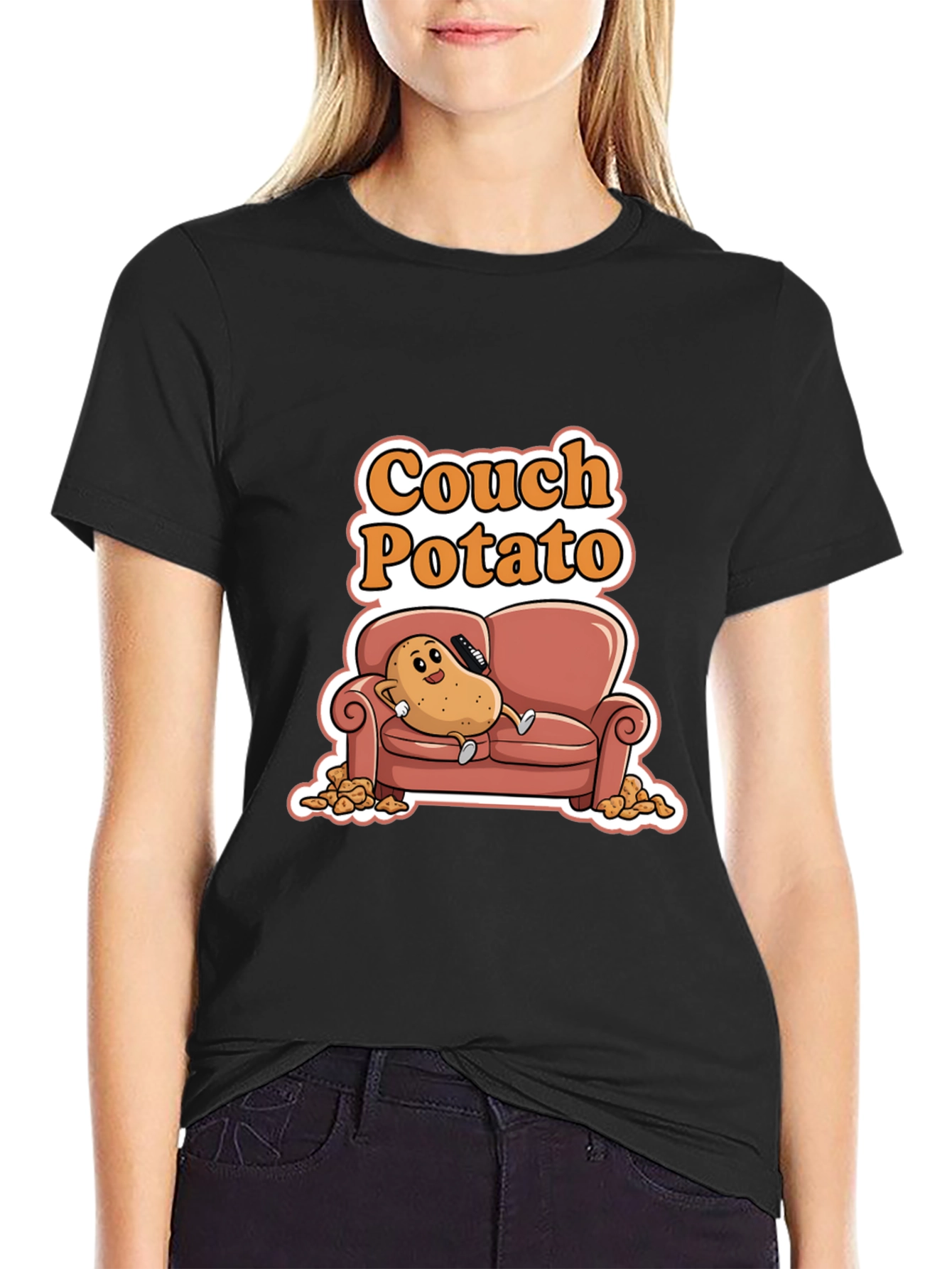 Black Couch Potato Black Graphic Tee - Funny Cartoon Potato Shirt view 2