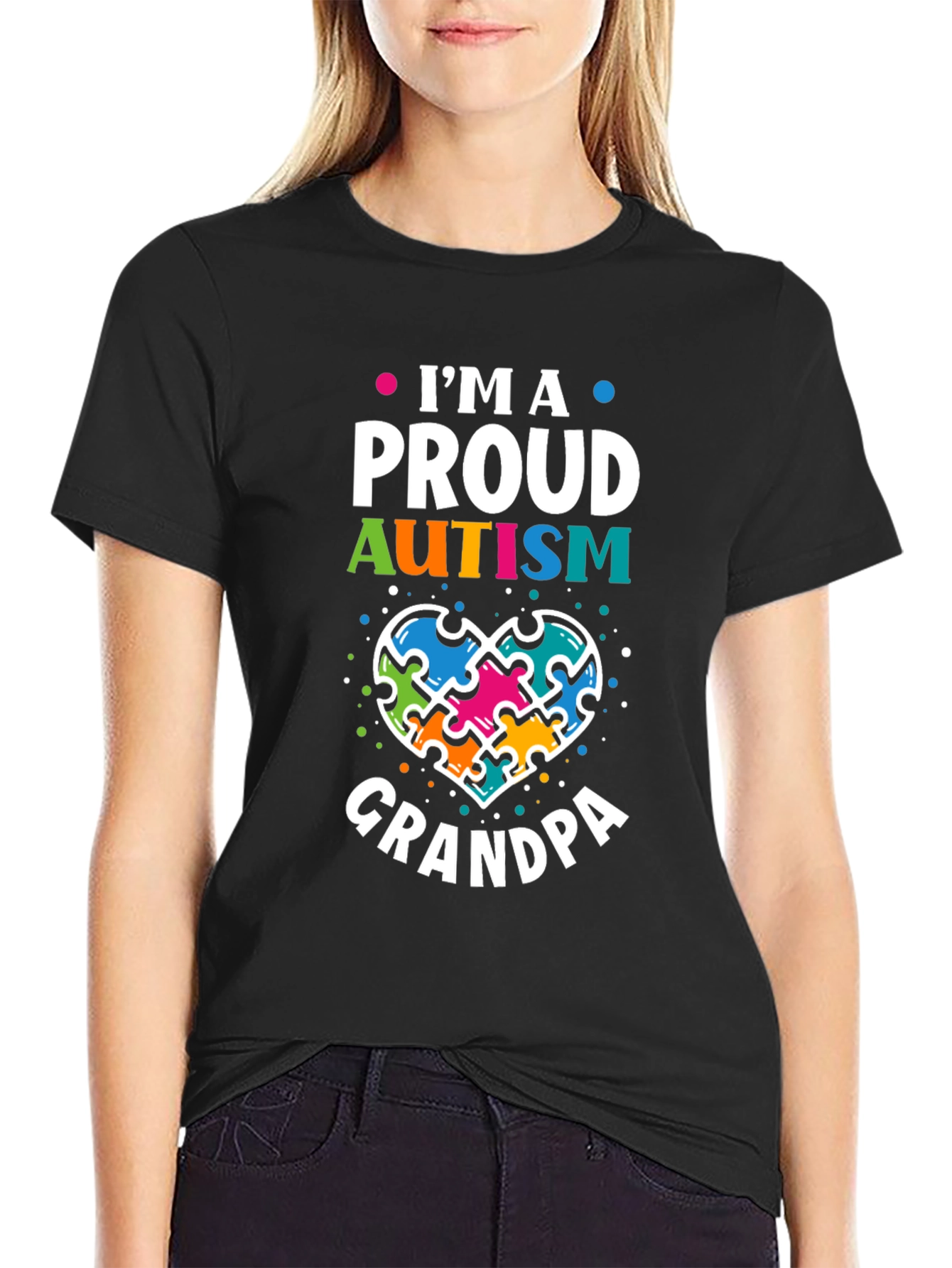 Black Proud Autism Grandpa T-Shirt Puzzle Piece Heart Support view 2