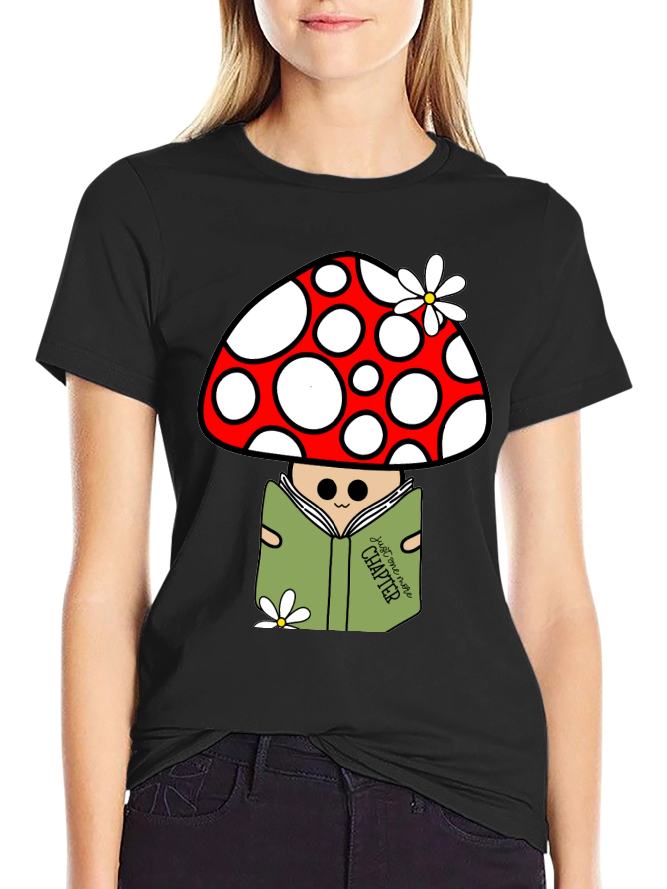 Black Mushroom Reader Graphic T-Shirt - Just One More Chapter view 2
