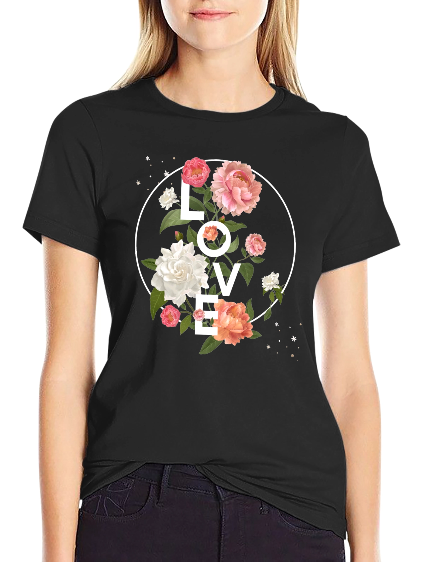 Black Floral LOVE Graphic Tee - Stylish Black T-Shirt view 2