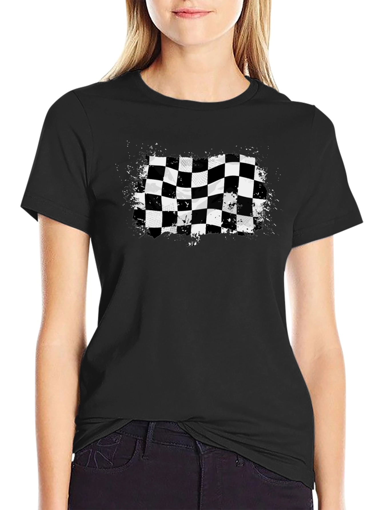 Black Checkered Flag Graphic Tee - Black Cotton T-Shirt view 2