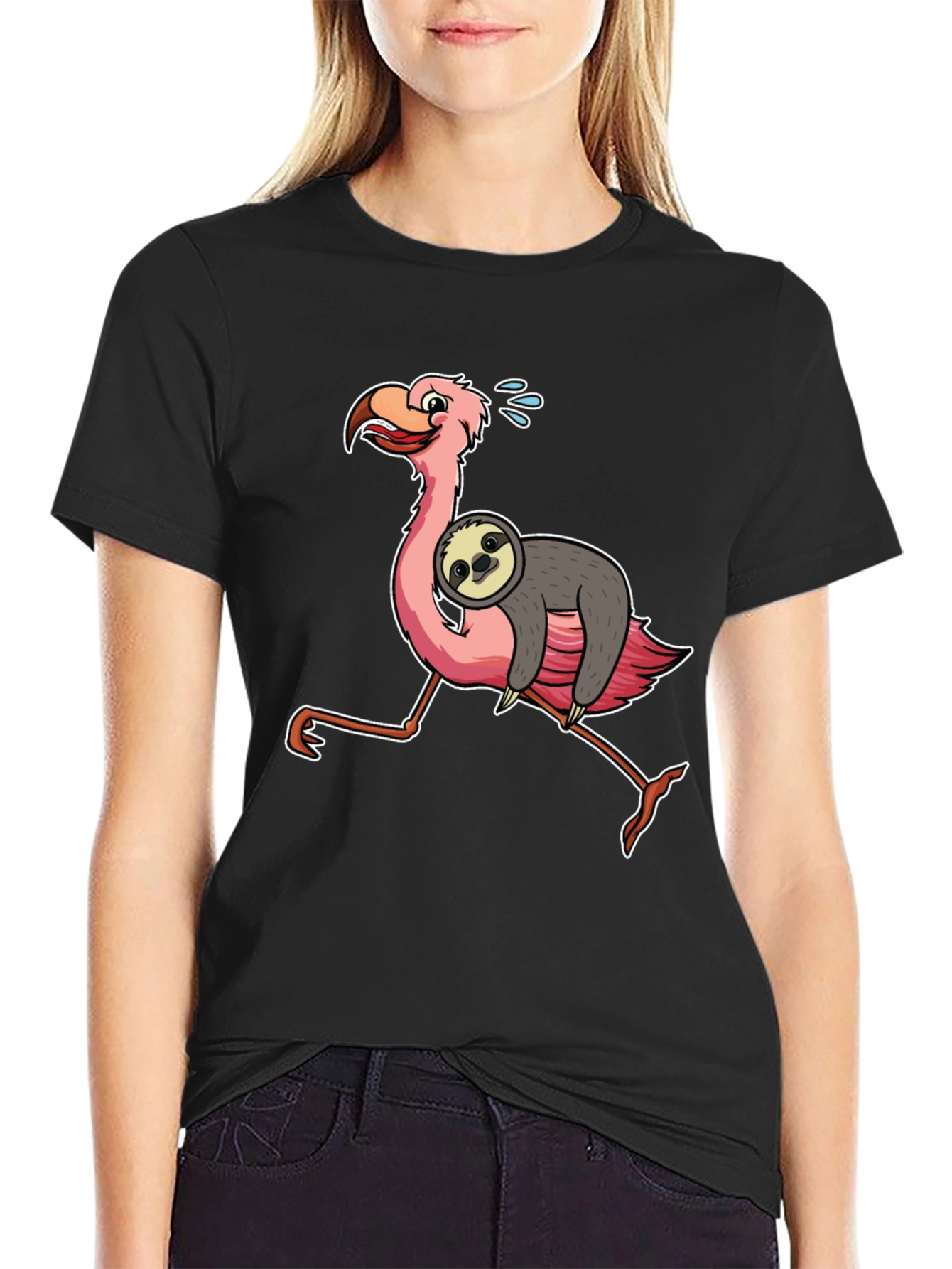 Black Sloth Riding Flamingo Graphic Tee view 2