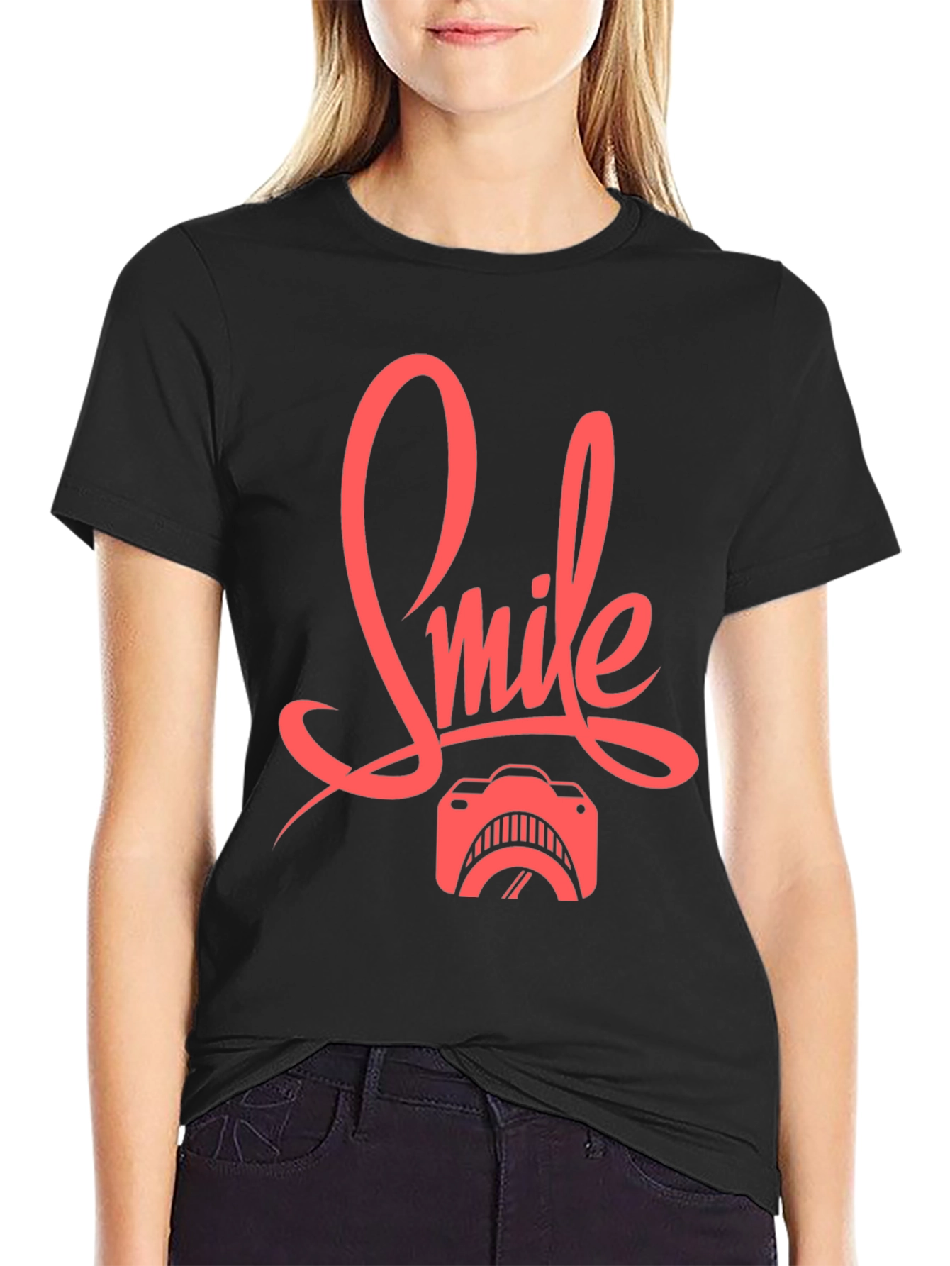 Black Smile Camera Graphic Tee - Black Cotton T-Shirt view 2