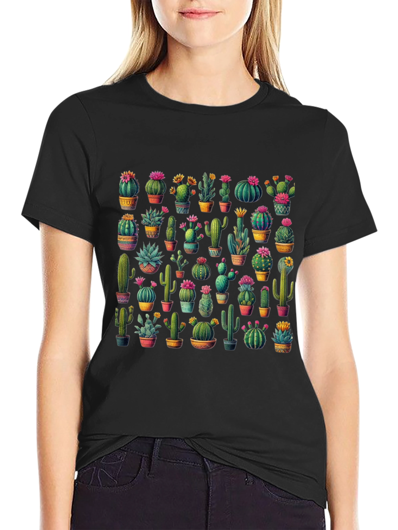 Black Cactus Print T-Shirt - Desert Botanical Tee view 2
