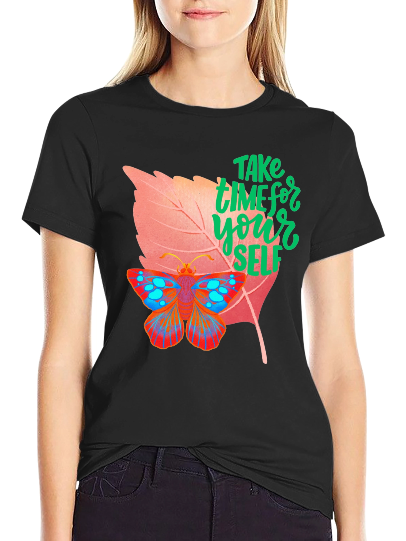 Black Take Time for Yourself T-Shirt Butterfly & Leaf Design view 2