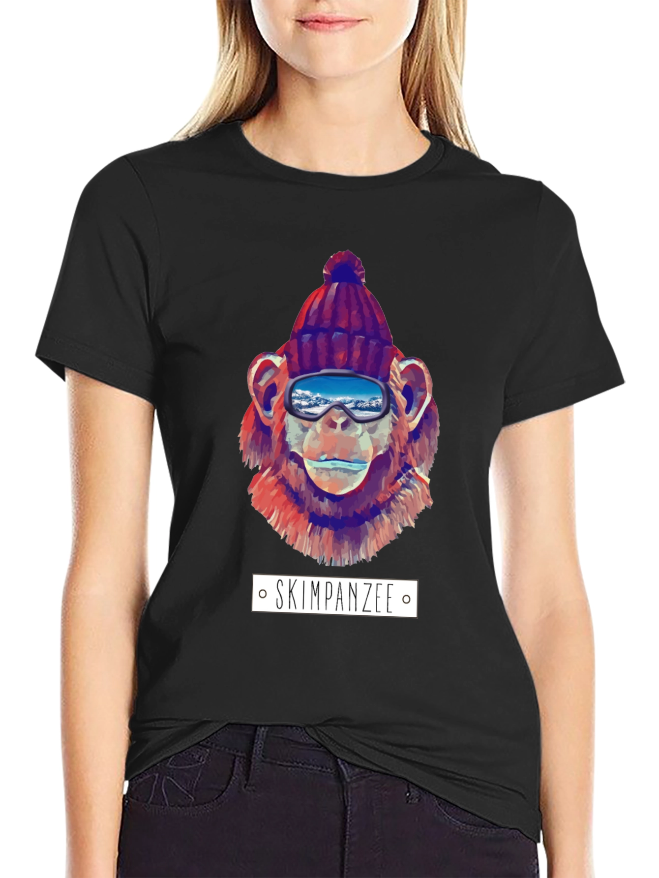 Black Skiing Chimpanzee Graphic T-Shirt view 2