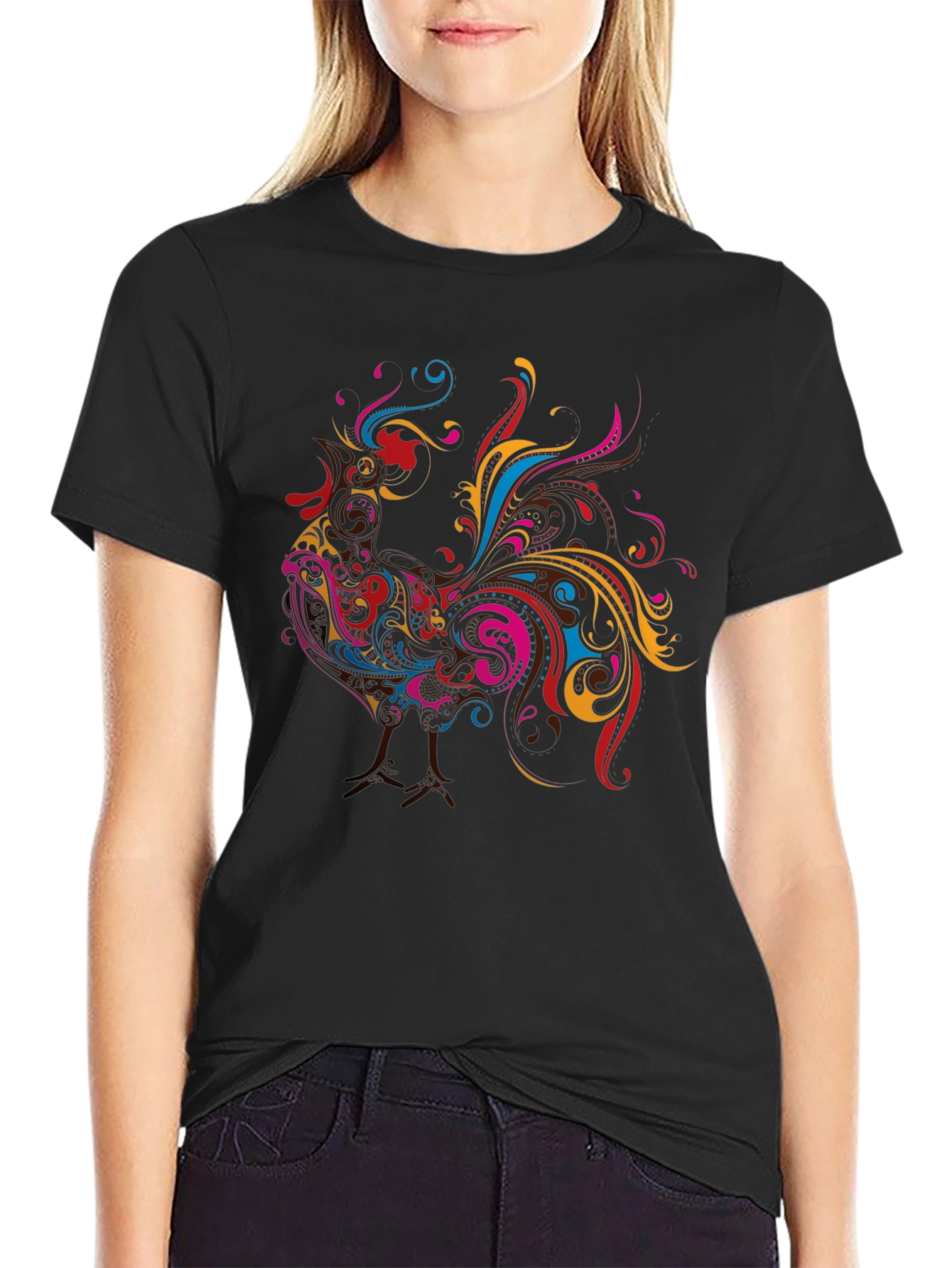 Black Vibrant Rooster Graphic Black T-Shirt view 2