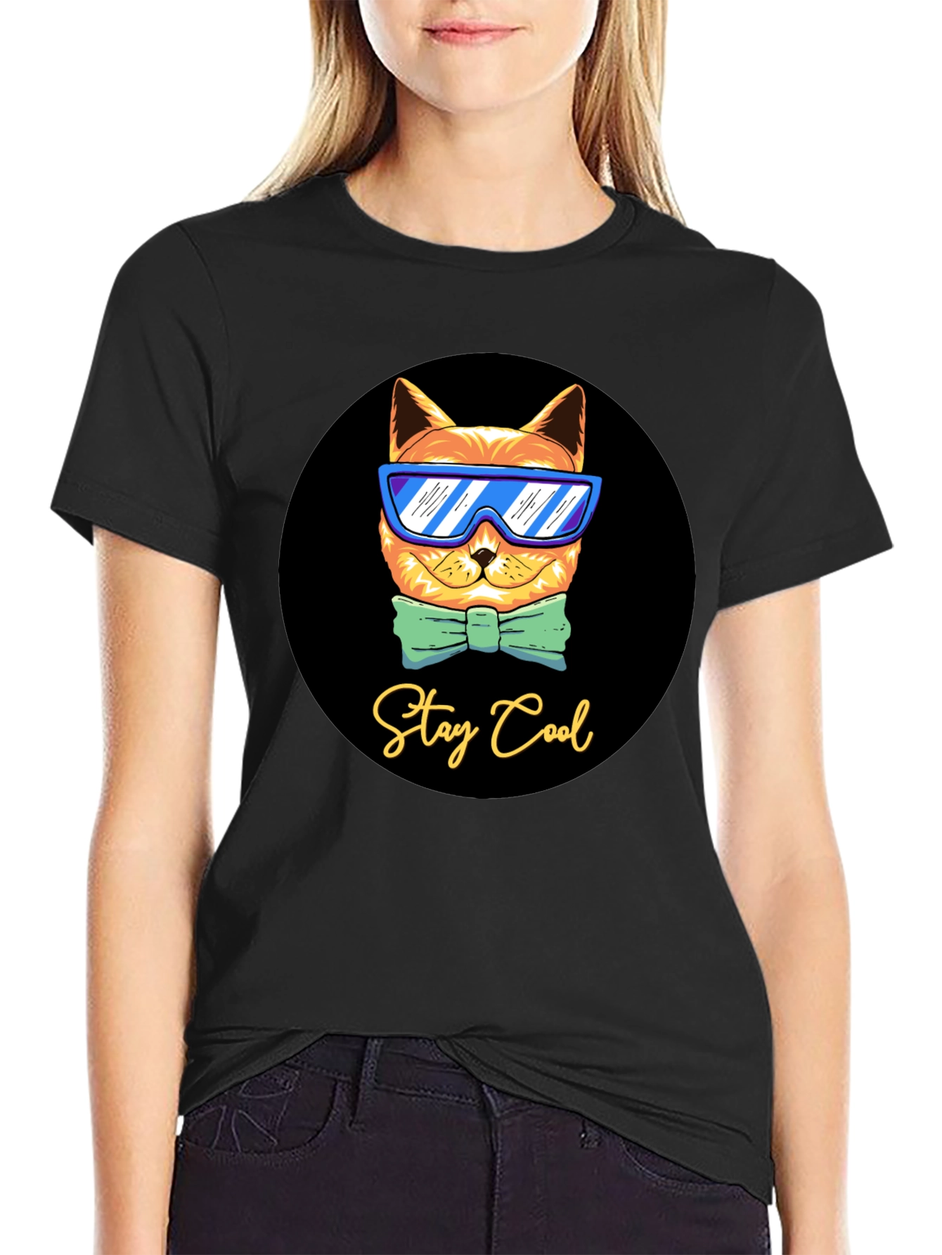 Black Cool Cat Graphic T-Shirt - Stay Cool Design view 2