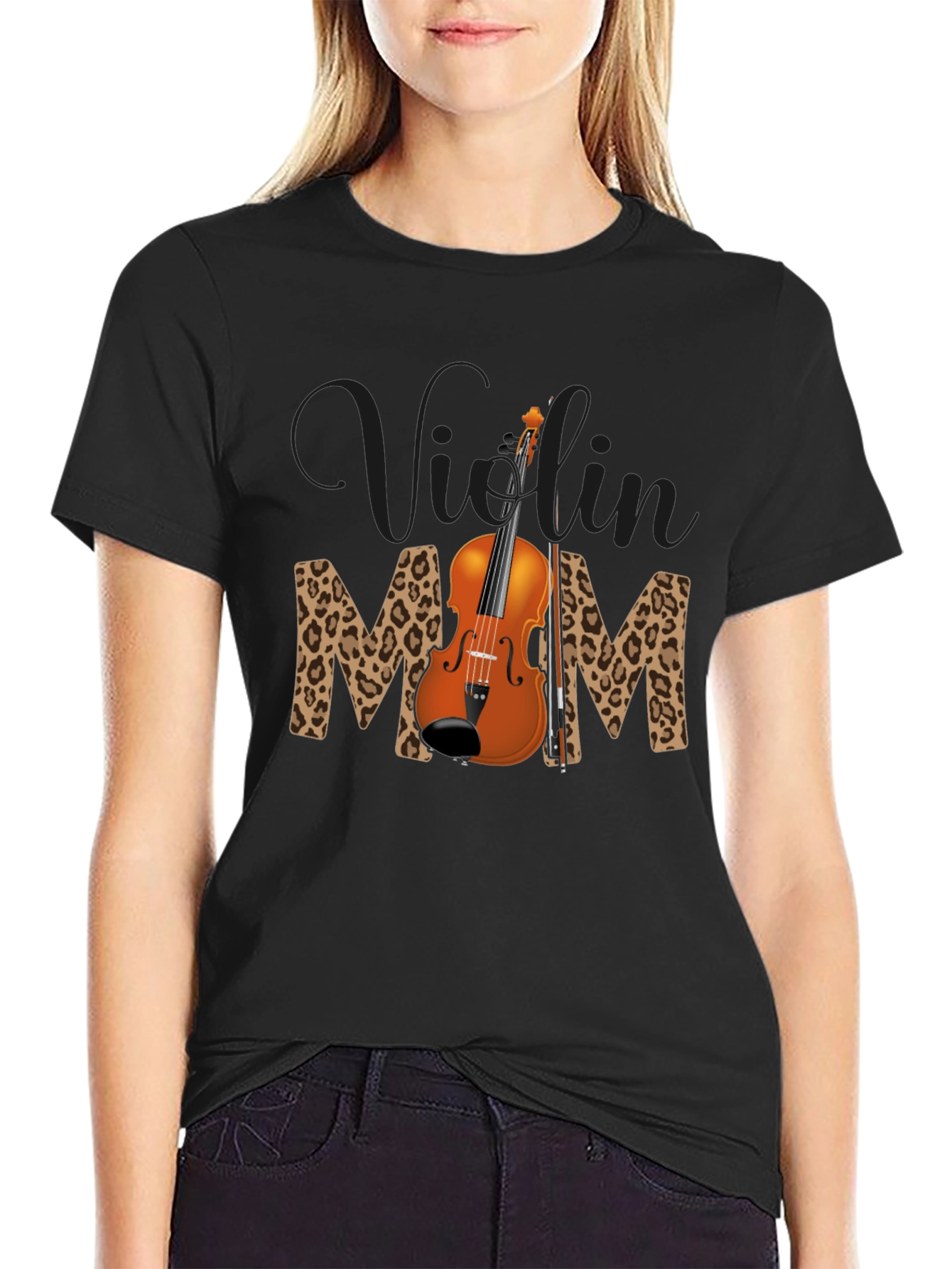Black Violin Mom Leopard Print T-Shirt view 2