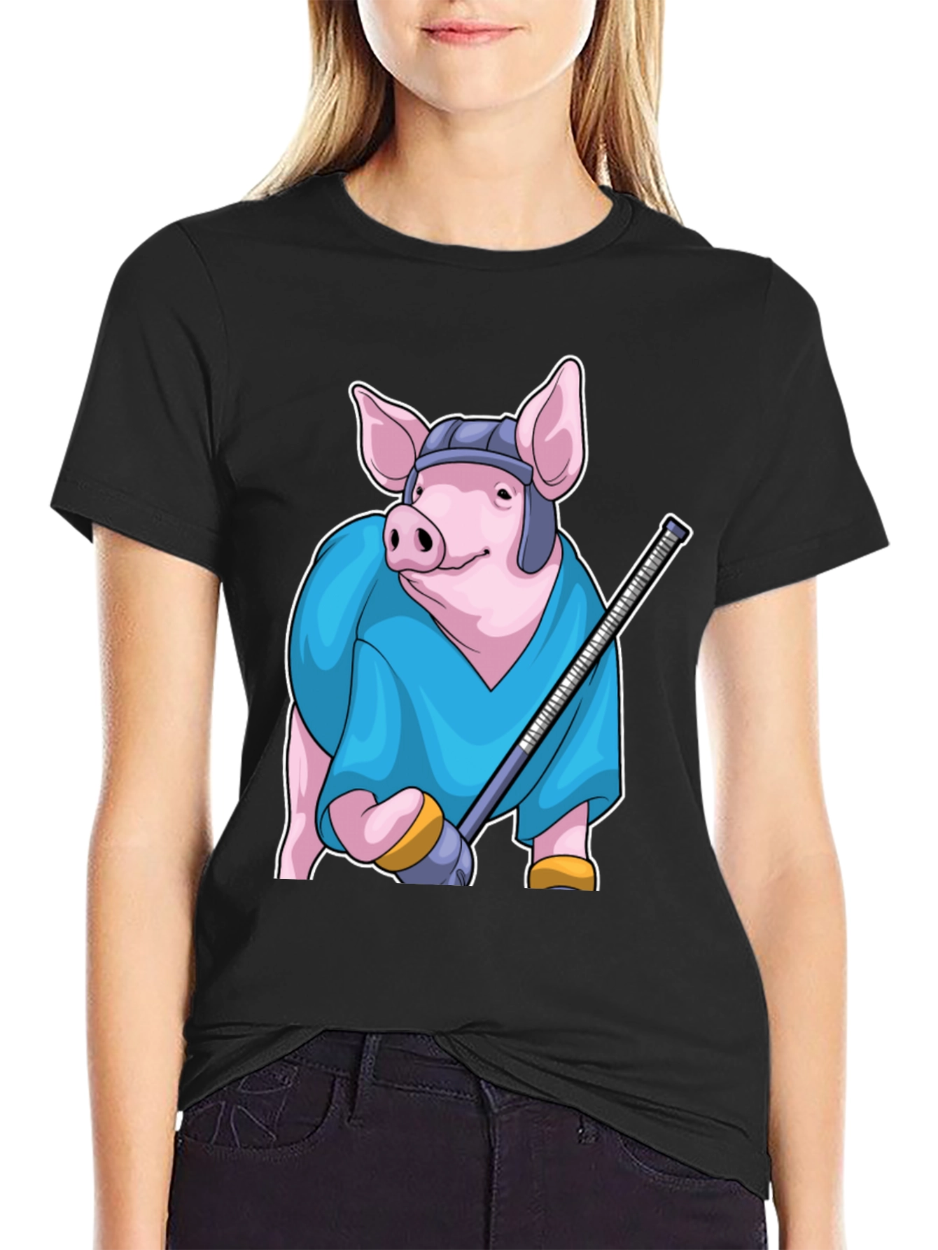 Black Hockey Pig T-Shirt - Funny Animal Sports Tee view 2