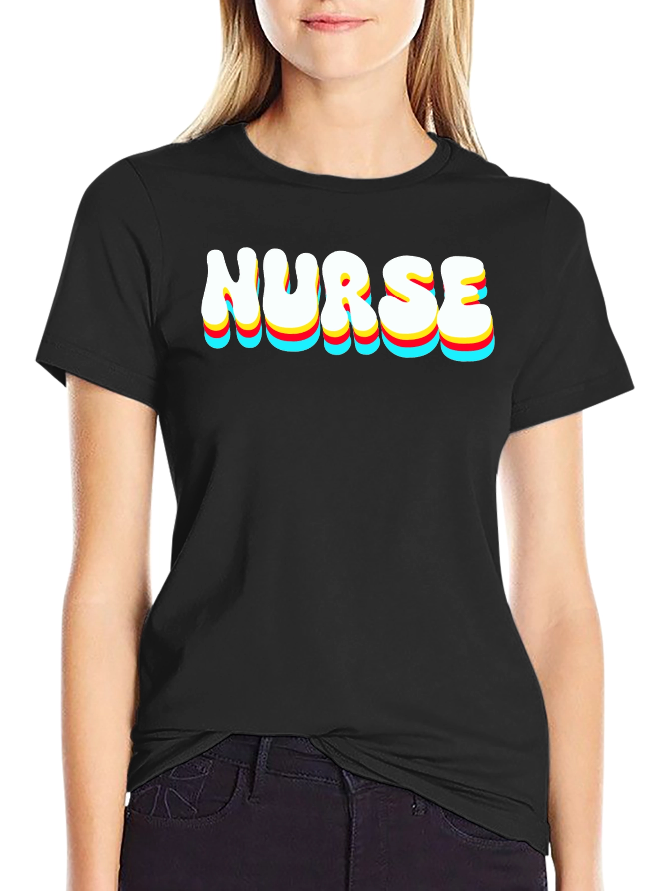 Black Nurse Retro Stacked Text Black T-Shirt view 2