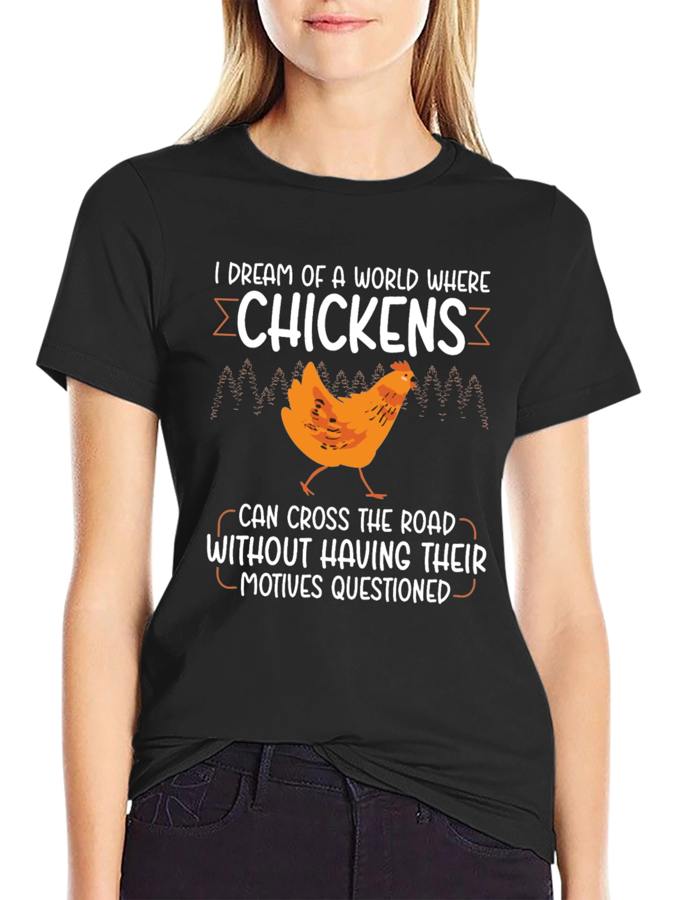 Black Funny Chicken Crossing T-Shirt - Question Motives Humor Tee view 2