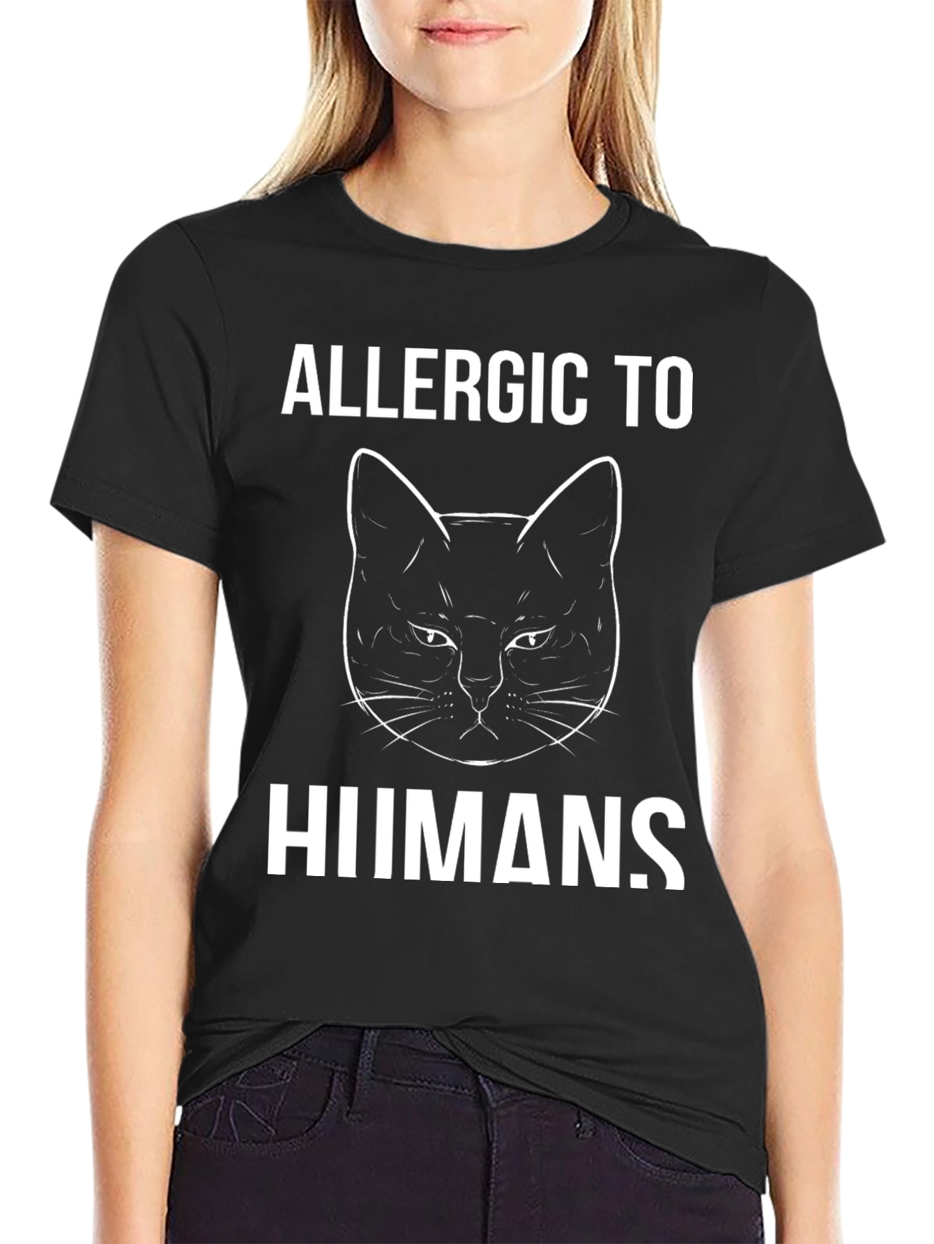 Black Allergic to Humans Cat Graphic Tee - Black view 2