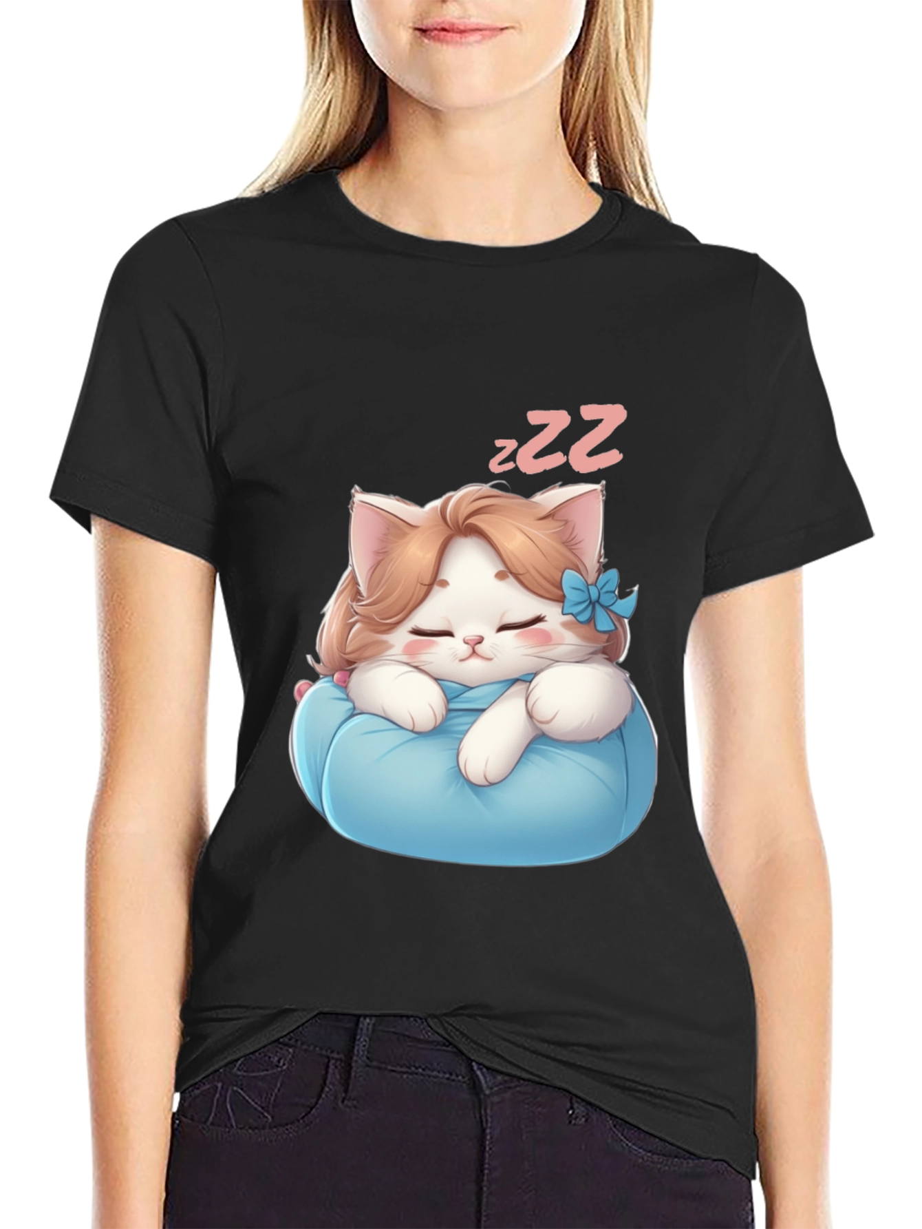 Black Cute Sleeping Kitten Black T-Shirt view 2