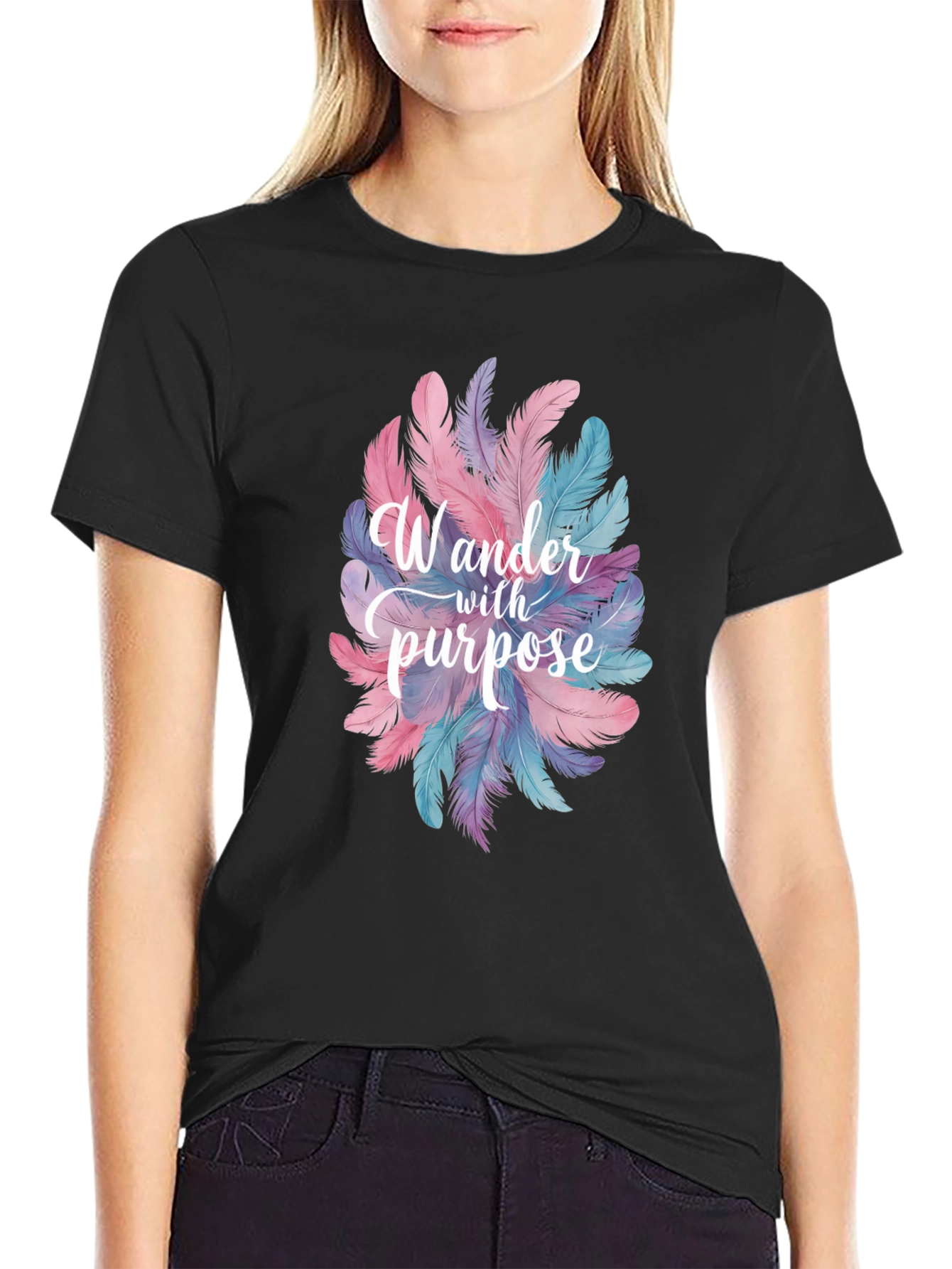 Black Wander With Purpose Feather Graphic T-Shirt view 2