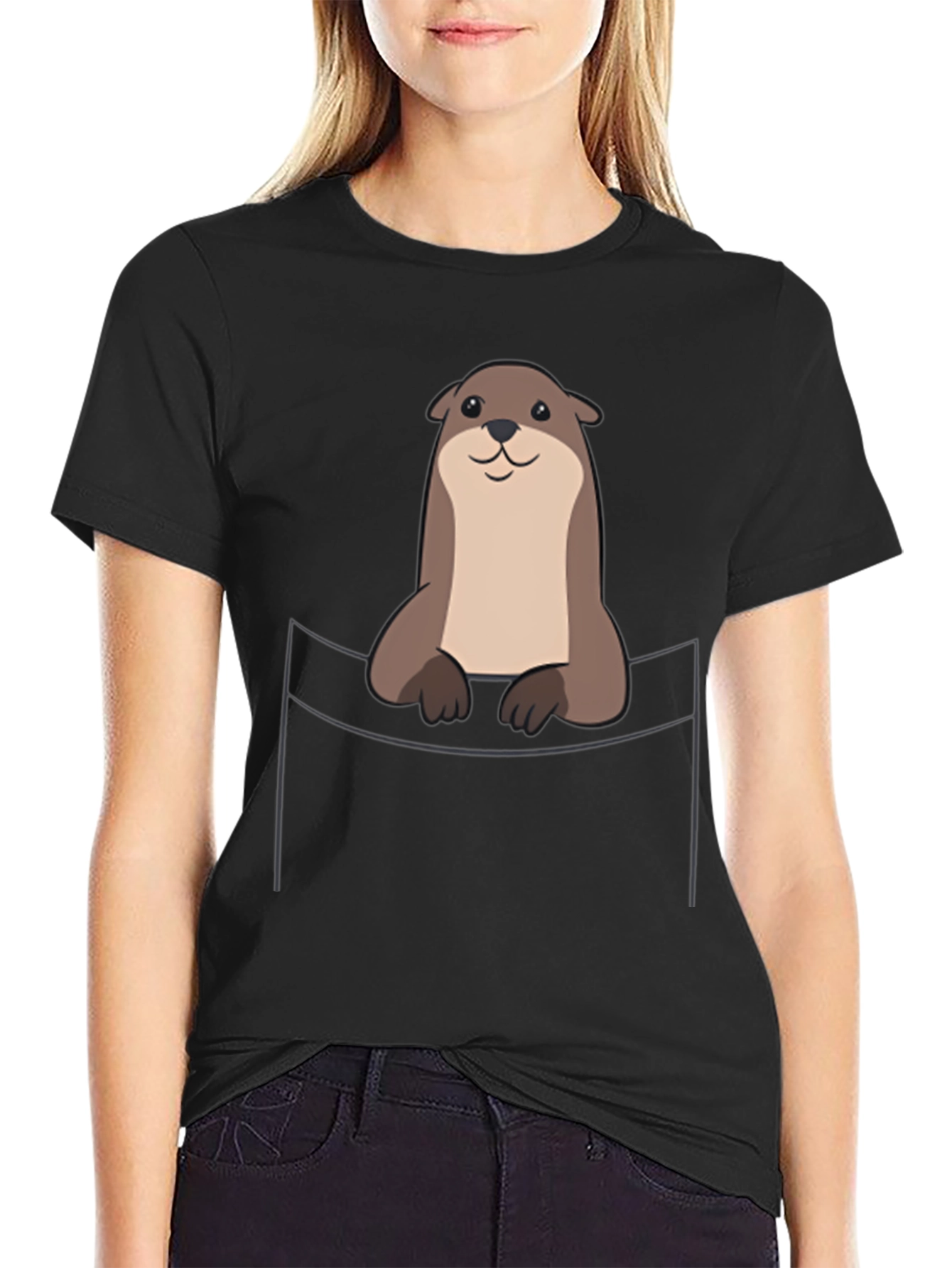 Black Otter Pocket T-Shirt - Cute Animal Graphic Tee view 2