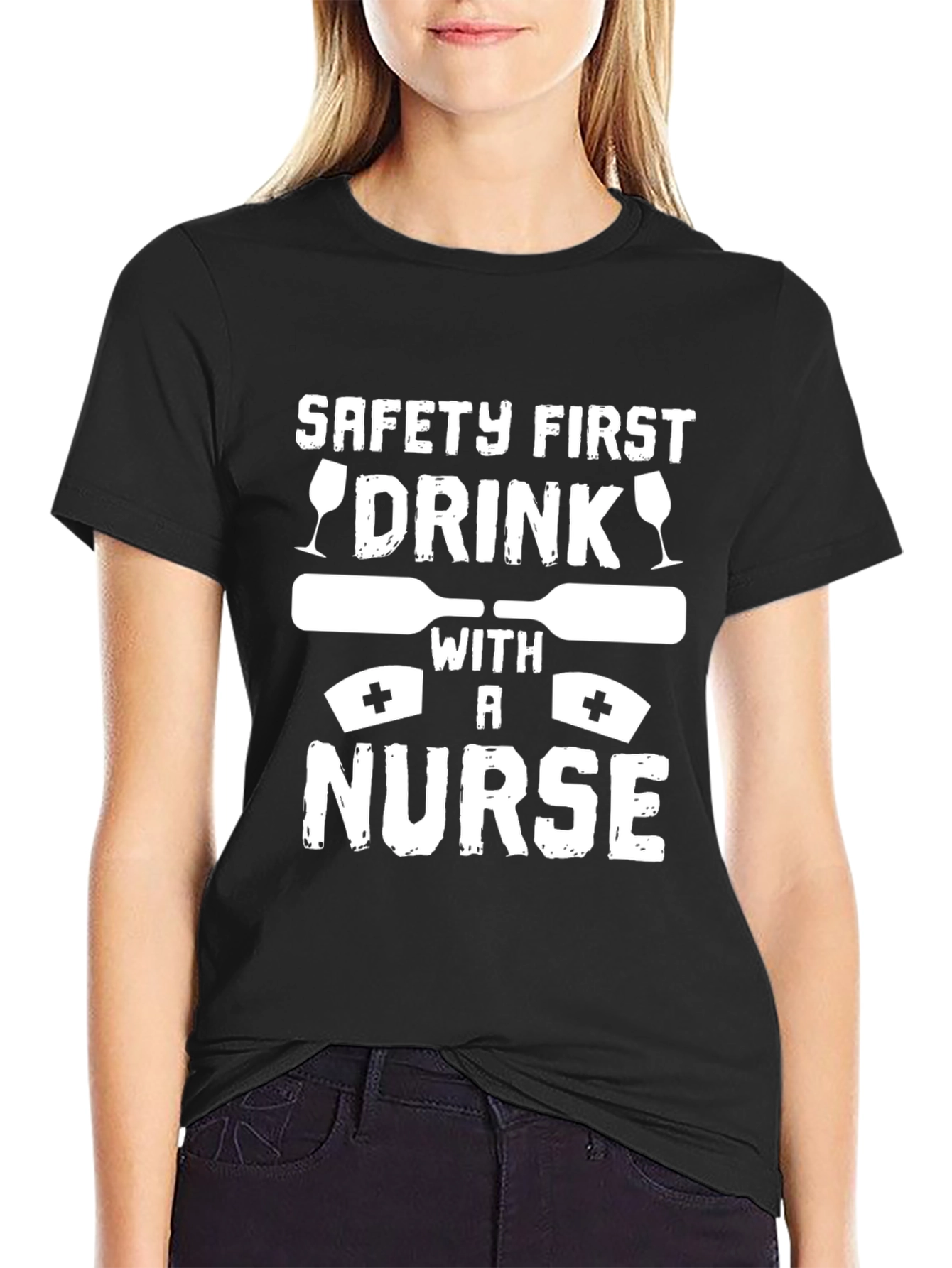 Black Safety First Drink with a Nurse Graphic T-Shirt view 2