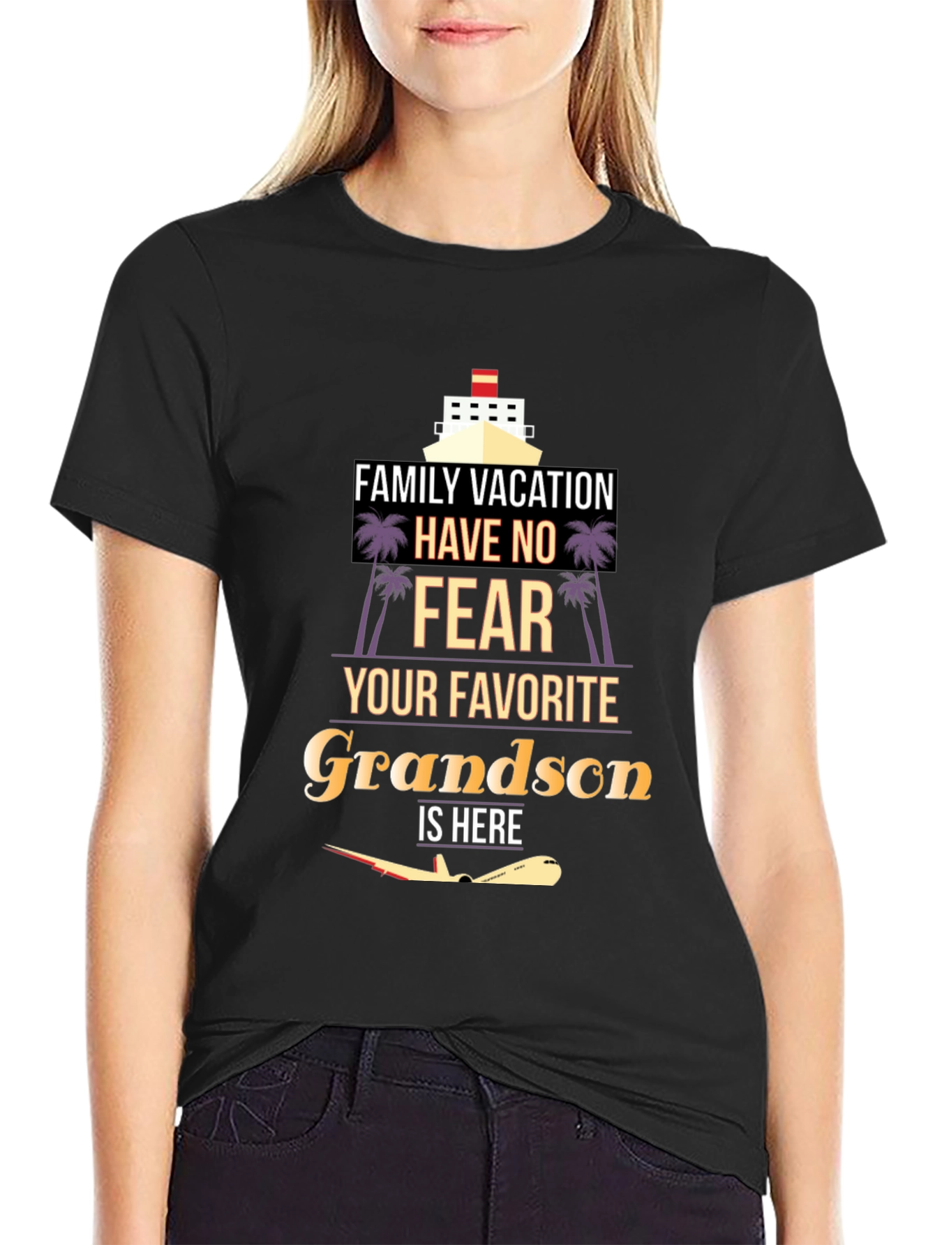 Black Family Vacation Grandson T-Shirt - Cruise & Plane Design view 2