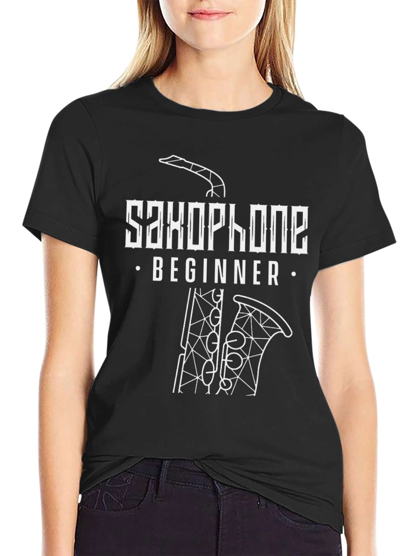 Black Saxophone Beginner Graphic Tee - Black Cotton T-Shirt view 2