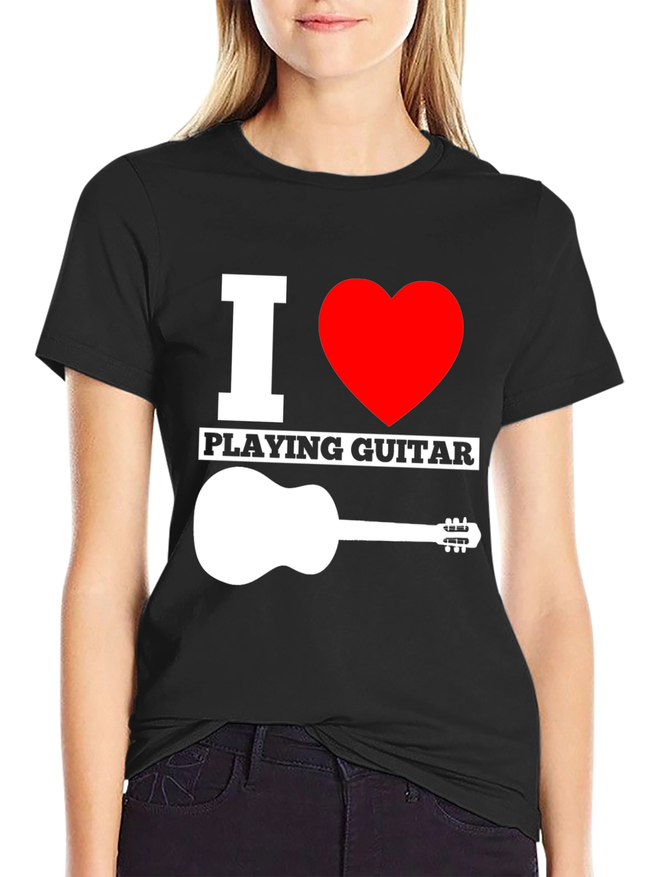 Black I Love Playing Guitar Graphic Tee - Black Cotton T-Shirt view 2