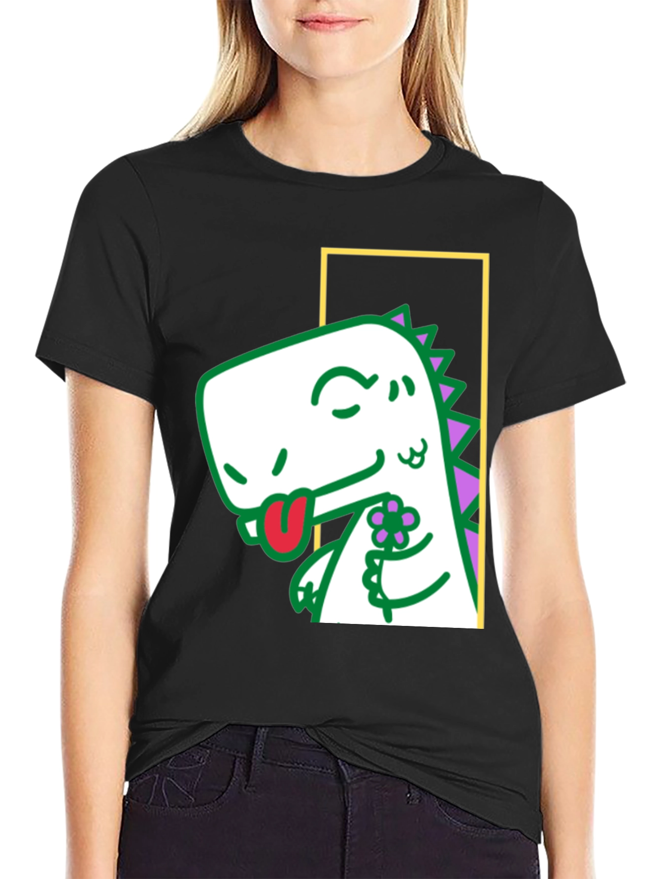 Black Dinosaur Holding Flower Graphic Tee view 2