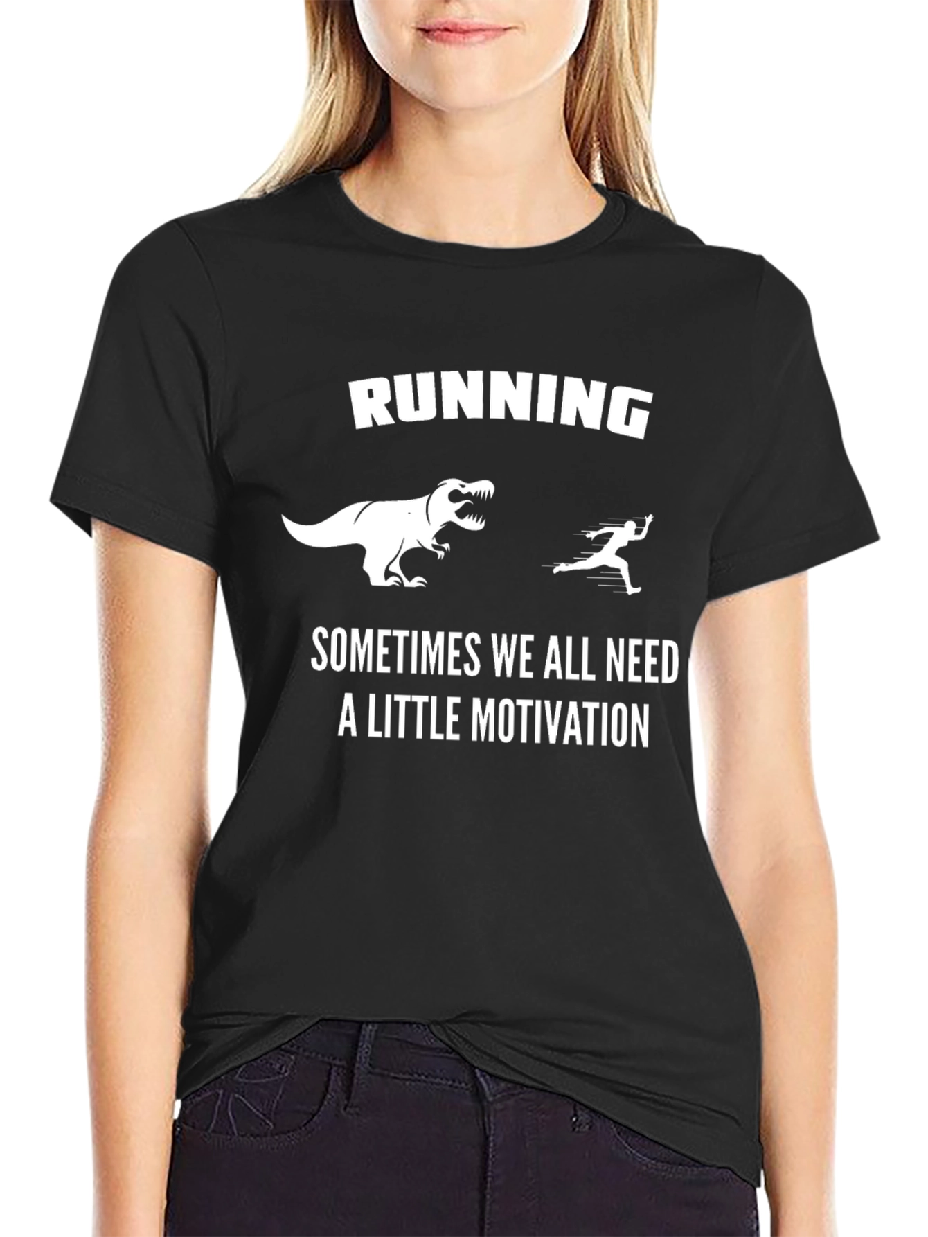 Black Running Motivation T-Shirt: Dinosaur Chase view 2