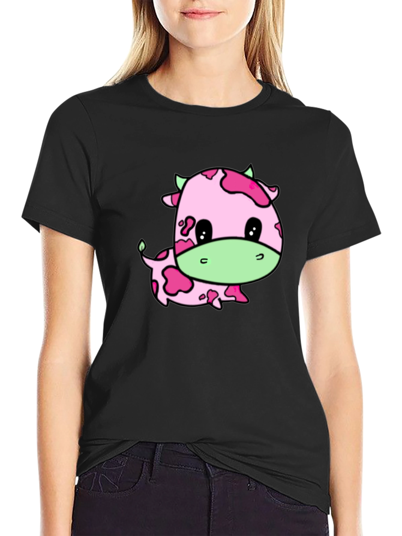Black Cute Pink Cow Graphic Tee view 2
