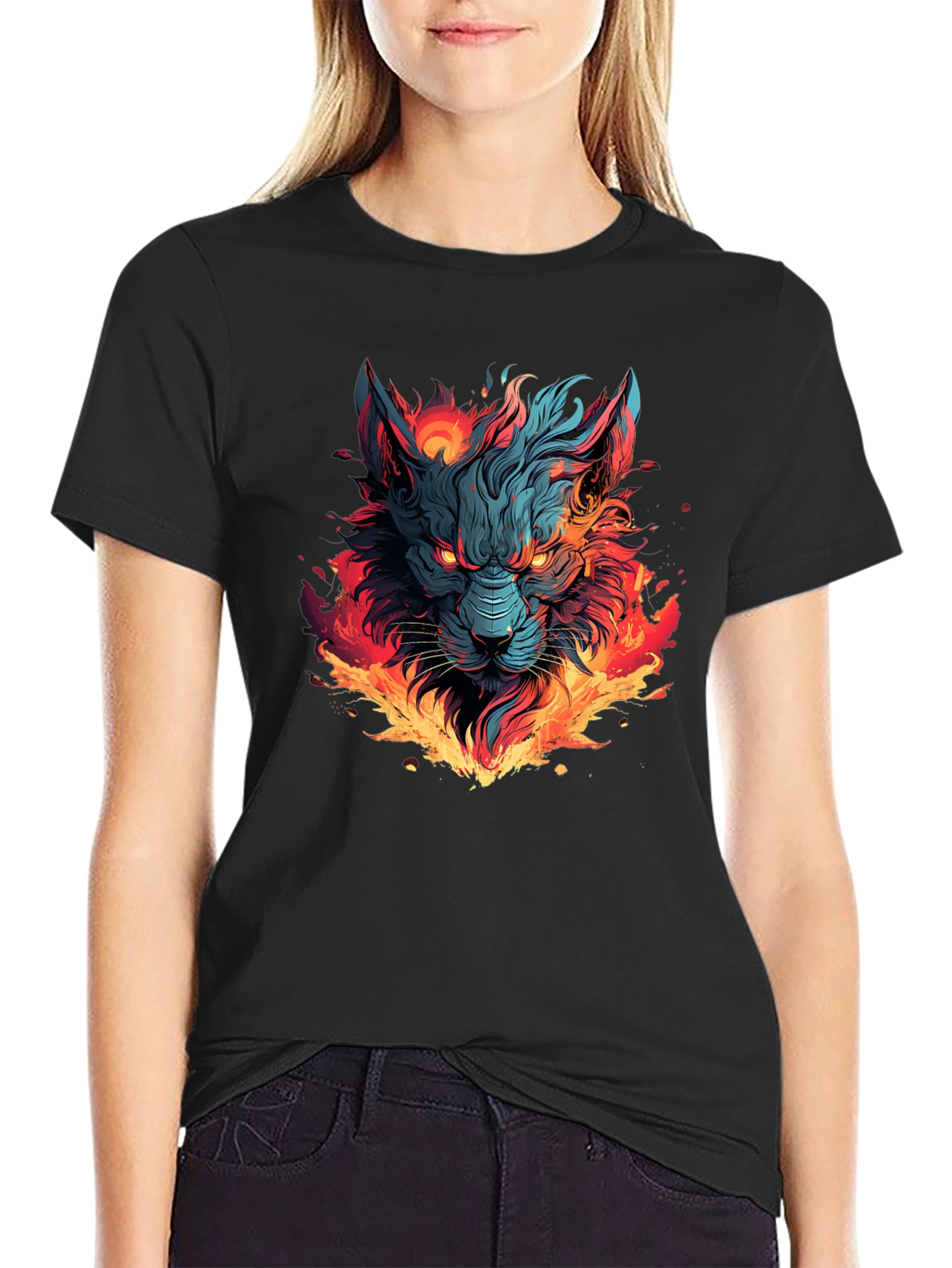 Black Fiery Wolf Graphic T-Shirt - Bold Black Tee view 2