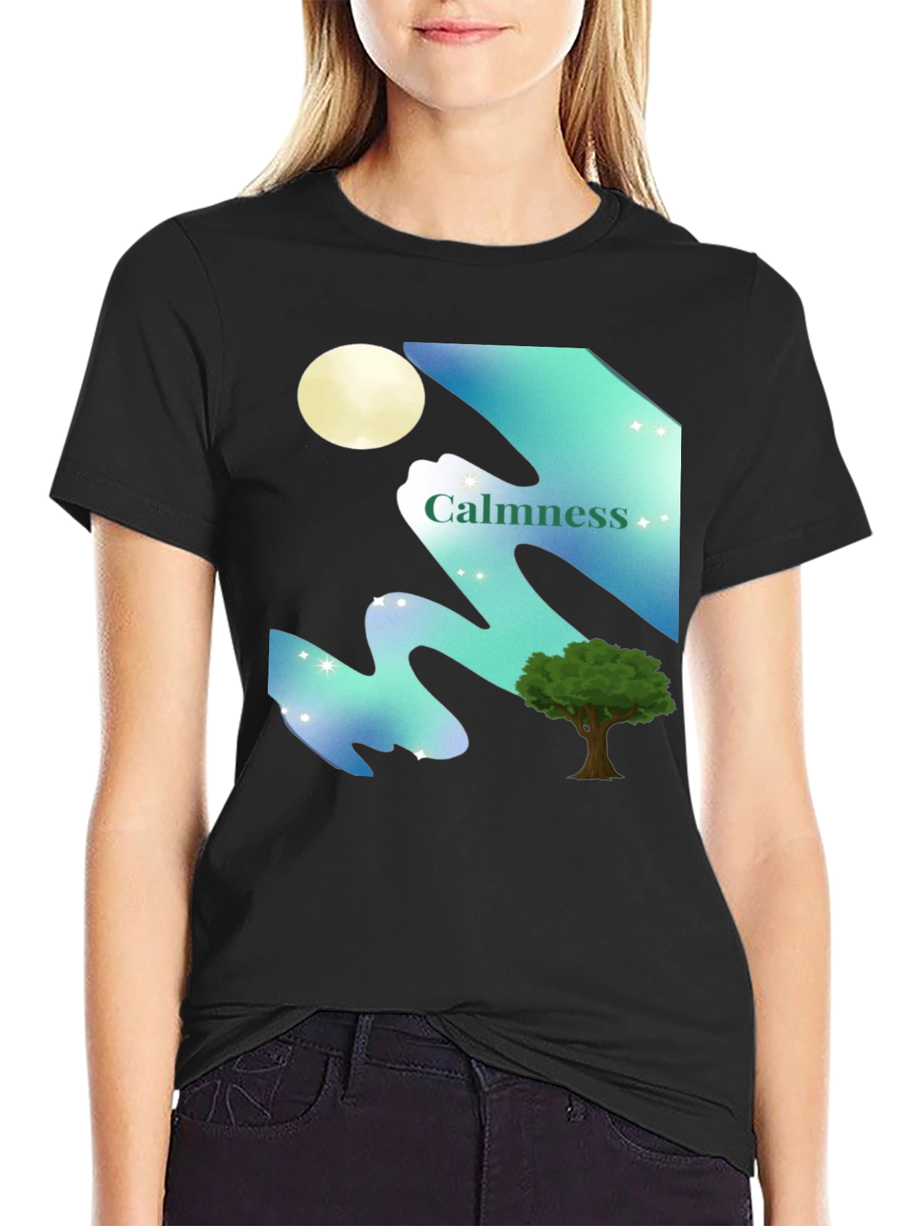 Black Calmness Night Scene Graphic T-Shirt - Black view 2