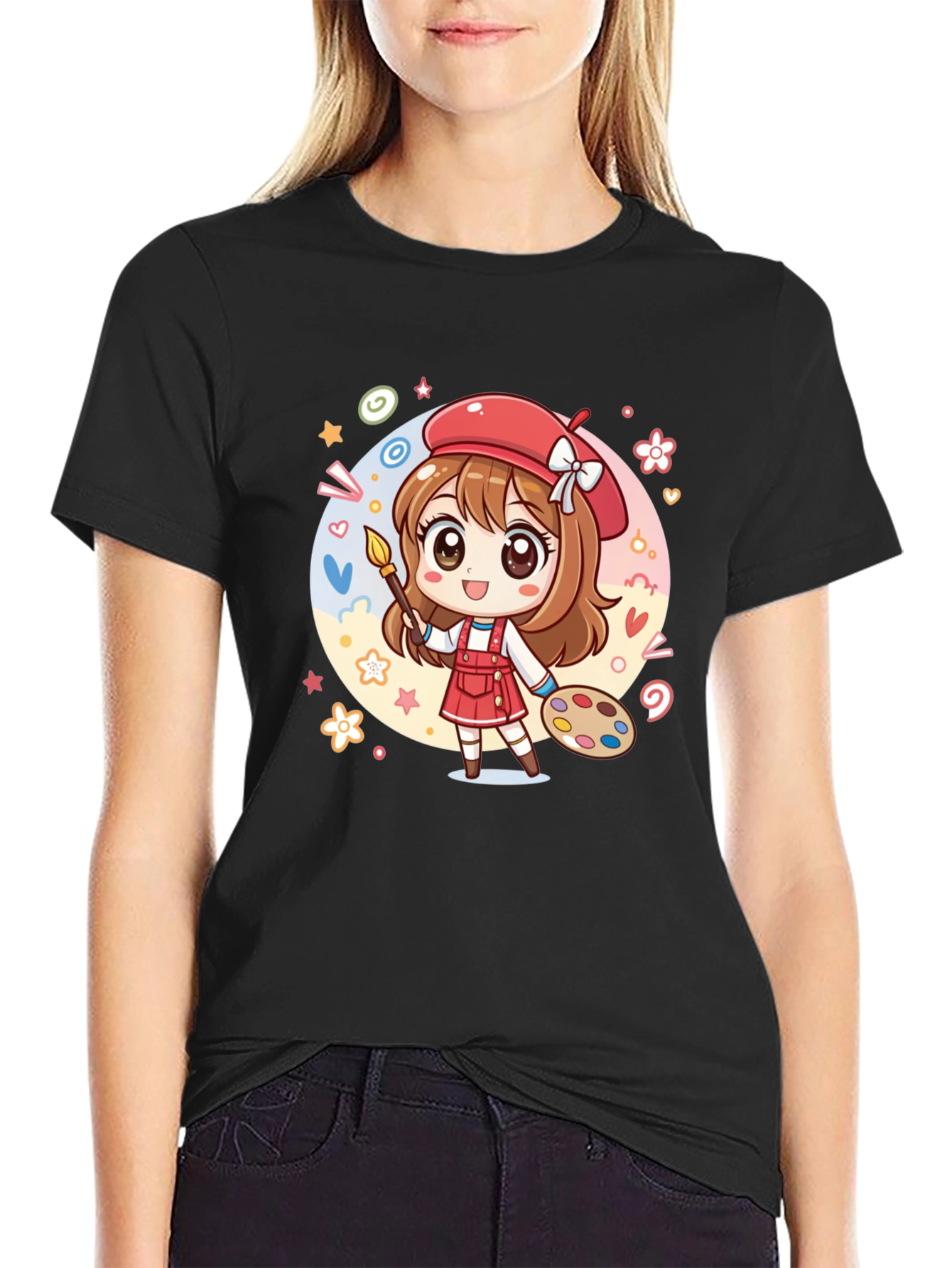 Black Cute Anime Artist Graphic T-Shirt view 2